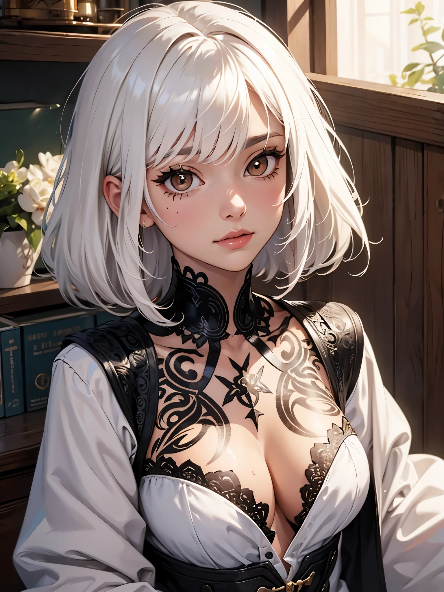 1 girl,White hairs, brown eyes, chest tattoo 