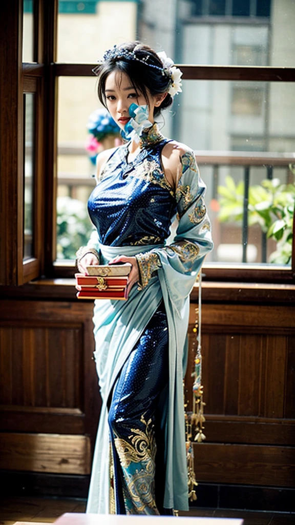 a woman standing with roses, traditional Balinese clothing, wearing ornate clothing, traditional beauty, kebaya_bali, wearing intricate white lace, golden patterned female Balinese kamen, kebaya_bali clothing, Balinese costume, traditional Kebaya_bali style, wearing elegant clothing, traditional adat Bali