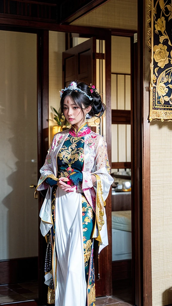 a woman standing with roses, traditional Balinese clothing, wearing ornate clothing, traditional beauty, kebaya_bali, wearing intricate white lace, golden patterned female Balinese kamen, kebaya_bali clothing, Balinese costume, traditional Kebaya_bali style, wearing elegant clothing, traditional adat Bali