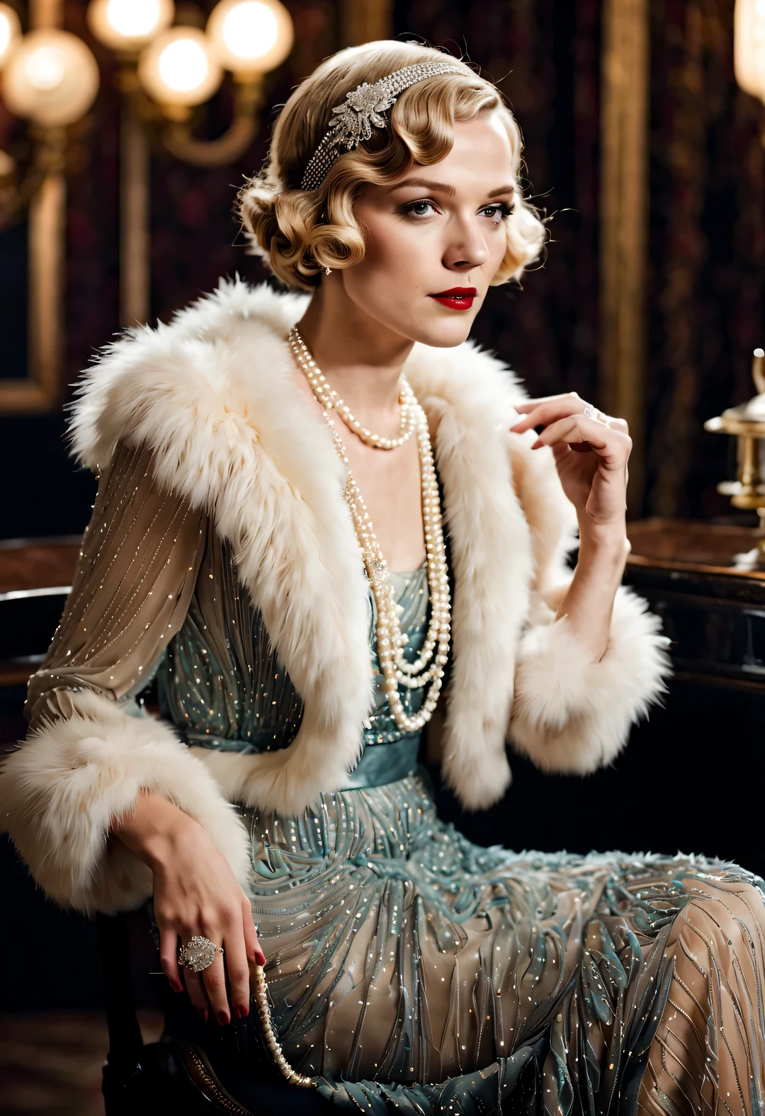 ultra high definition, masterpiece, precise, textured skin, Super details, high detail, high quality, Award-winning, best quality, high resolution, 16k,Woman wearing fashionable clothes sitting at table,The atmosphere of the 1920s, 1 9 2 0 s style, 1920s style, Roaring 20s, 1 9 2 0 s fabric style, Dressed in 1920s fashion, Twenty years old, Retro 1920s atmosphere, Art Deco era,(blond:1.34),Carey Mulligan(Carey Mulligan)wearing a fur coat,Wear pearl jewelry,Advanced custom lace clothing,perfect fingers,bright, White skin,super clear, &Quote;Great Gatsby&Quote; stills,Luxurious Pearl and Diamond Ring,bracelet,crown,Dressed in 1920s fashion, 1920s hairstyles, 1 9 2 0 s style, 1 9 2 0 clothes, 1 9 2 0 s fabric style,Art Deco,
