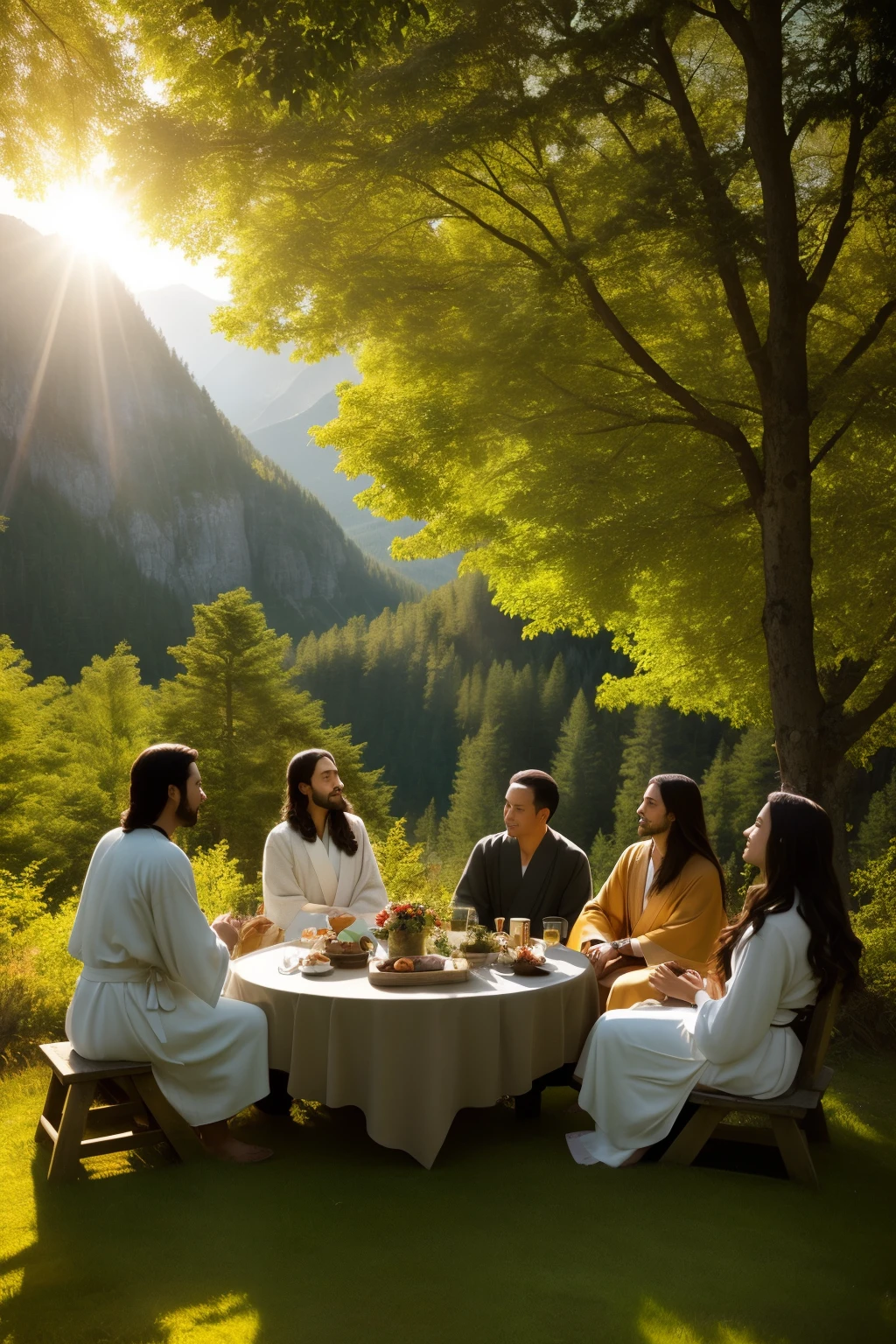 A serene mountain landscape bathed in warm sunlight, Jesus engages in deep conversation with seven individuals. The scene captures the tranquility and peace of the natural surroundings, as the group sits together on the lush, green grass. Jesus, with his gentle and compassionate expression, listens intently to each person, dressed in simple robes that blend seamlessly with the earthy tones of the mountains. The sunlight filters through the trees, casting a golden glow on their faces, highlighting their well-defined features. The textures of the landscape are intricately detailed, from the rough, weathered bark of the trees to the intricate patterns of the mountain rocks, all rendered in stunning detail. The conversation continues