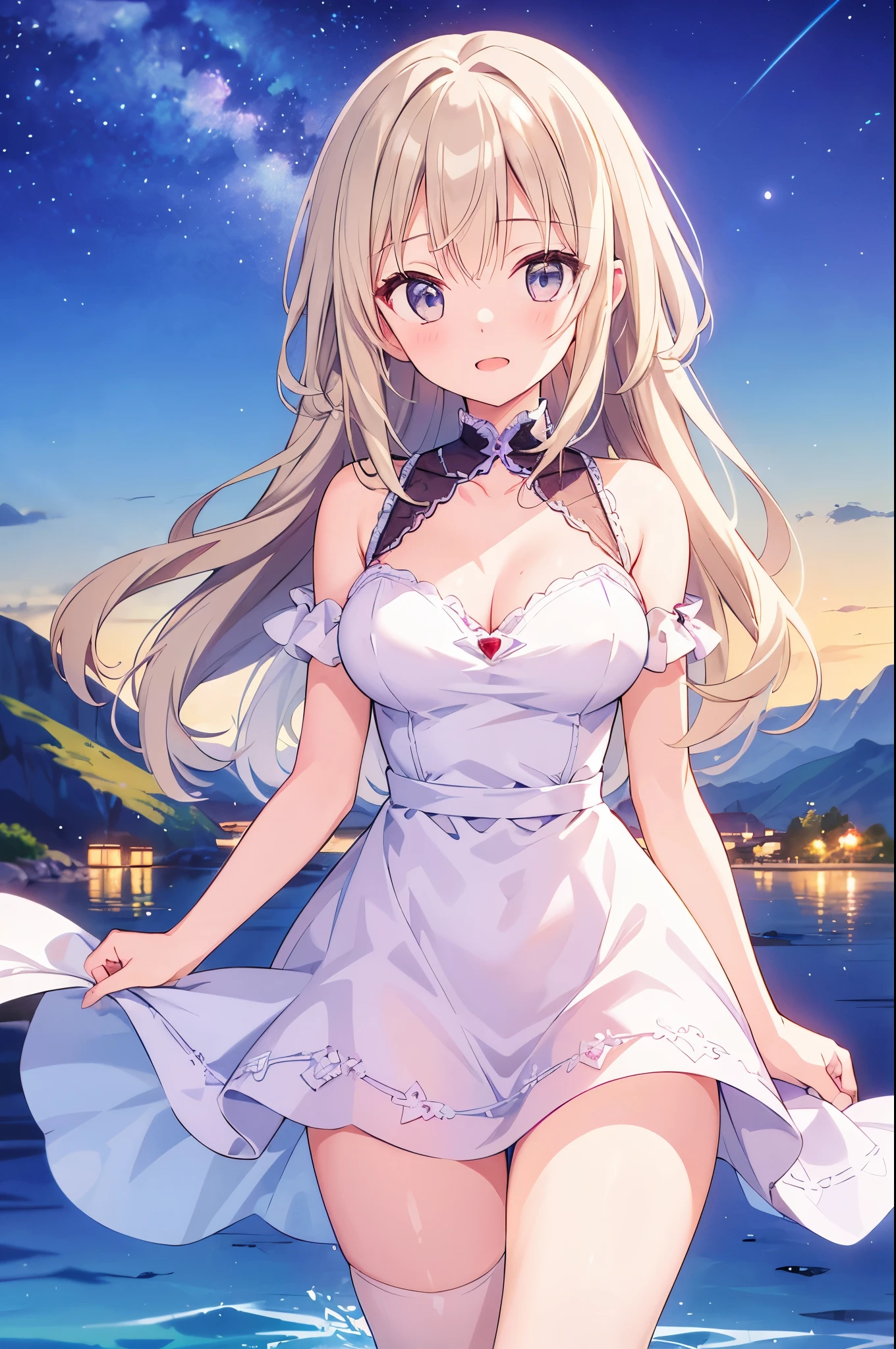 （masterpiece）、(highest quality)、((Super detailed))、(super delicate)、Princess in a naughty dress、platinum blonde、beautiful breasts、Thighs、Gorgeous、lake with mountain view、Fantastic starry sky