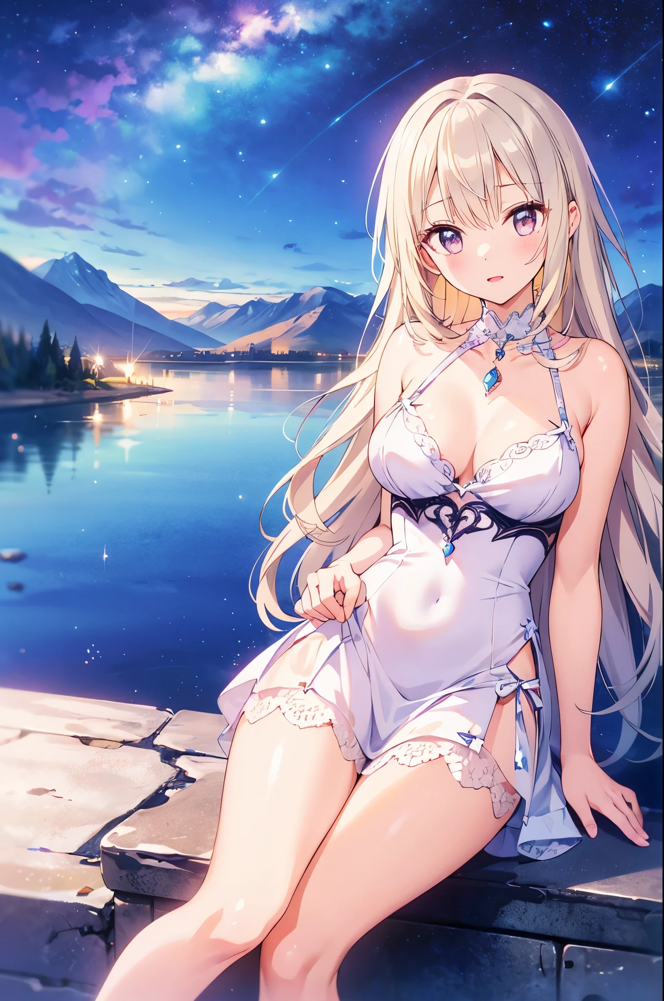 (masterpiece)、(highest quality)、((Super detailed))、(super delicate)、Princess in a naughty dress、platinum blonde、beautiful breasts、Thighs、Gorgeous、lake with mountain view、Fantastic starry sky