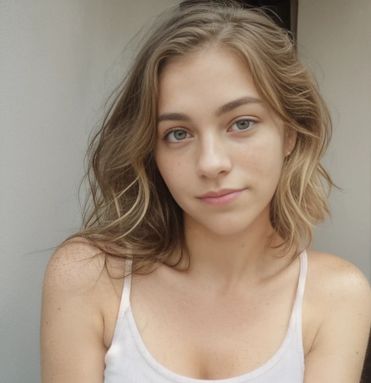 Same face on photo, woman in a white top and brown shorts posing for a picture, with short hair, girl portrait, small freckles, rosey cheeks, blonde hair, cute freckles, natural hair, no makeup wavy hair, 24 year old female model, portrait , perfect face )