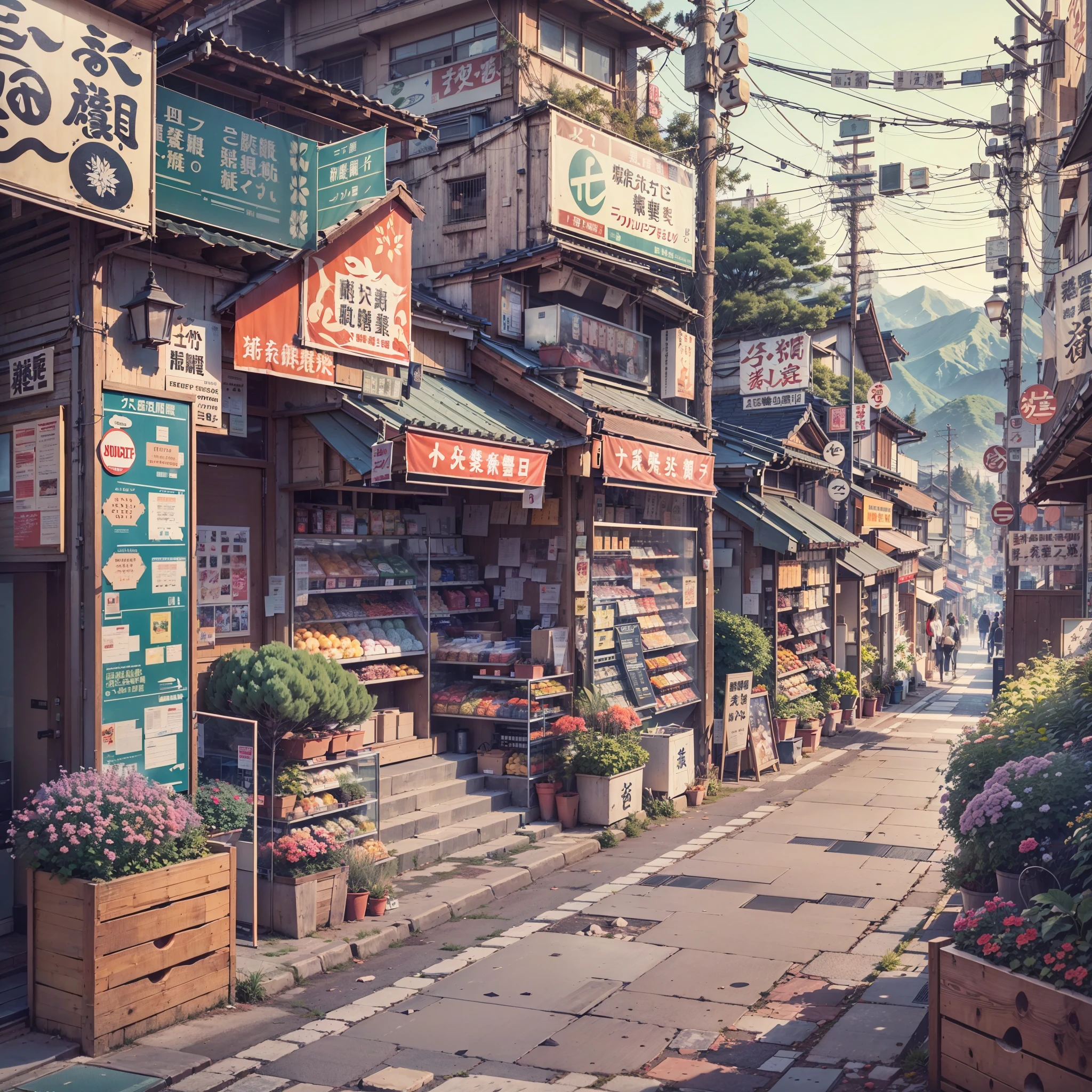 anime background, anime wallpaper, anime, anime style, lofi, lofi style, modern japanese street, mountains, uphill, modern japanese architecture, japanese convenience store, big retro japanese shop signs, retro japanese store, trees, plants, rocks, plant pots, shop signs, japanese banners, japanese signs, flags, empty street, no one in sight, (no one: 1), best quality, wide view, street going uphill, buildings tight together, night time, night