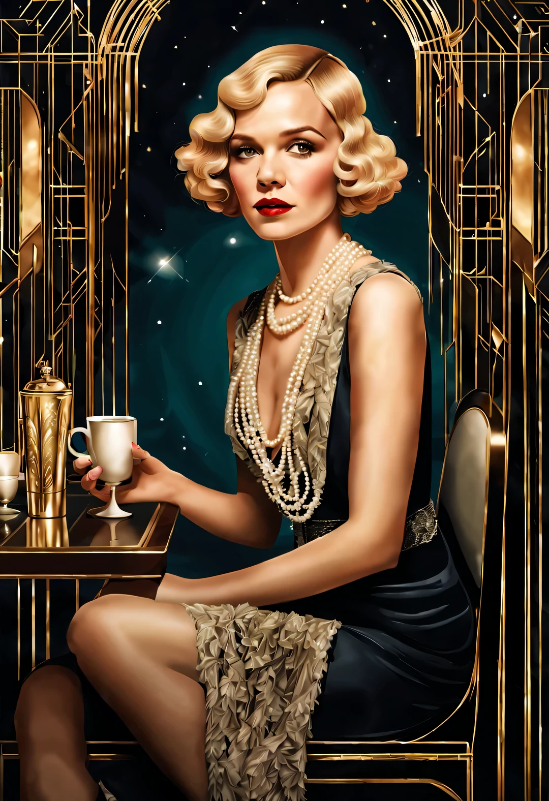 ultra high definition, masterpiece, precise, textured skin, Super details, high detail, high quality, Award-winning, best quality, high resolution, 16k，Woman wearing fashionable clothes sitting at table，Coffee on hand, The atmosphere of the 1920s, 1 9 2 0 s style, 1920s style, Roaring 20s, 1 9 2 0 s fabric style, Dressed in 1920s fashion, roaring twenties, Dystopian retro 1920s vibe, Art Deco era，（blond：1.34），Carey Mulligan（Carey Mulligan）wearing a fur coat，Wear pearl jewelry，Advanced custom lace clothing，perfect fingers，bright, White skin，super clear， &Quote;Great Gatsby&Quote; stills，Luxurious Pearl and Diamond Ring，bracelet，crown，Dressed in 1920s fashion, 1920s hairstyles, 1 9 2 0 s style, 1 9 2 0 clothes, 1 9 2 0 s fabric style,Art Deco，
