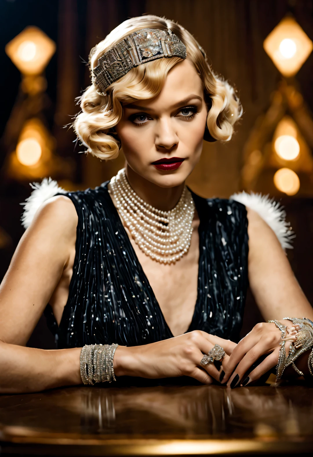 ultra high definition, masterpiece, precise, textured skin, Super details, high detail, high quality, Award-winning, best quality, high resolution, 16k，Woman wearing fashionable clothes sitting at table，Coffee on hand, The atmosphere of the 1920s, 1 9 2 0 s style, 1920s style, Roaring 20s, 1 9 2 0 s fabric style, Dressed in 1920s fashion, roaring twenties, Dystopian retro 1920s vibe, Art Deco era，（blond：1.34），Carey Mulligan（Carey Mulligan）wearing a fur coat，Wear pearl jewelry，Advanced custom lace clothing，perfect fingers，bright, White skin，super clear， &Quote;Great Gatsby&Quote; stills，Luxurious Pearl and Diamond Ring，bracelet，crown，Dressed in 1920s fashion, 1920s hairstyles, 1 9 2 0 s style, 1 9 2 0 clothes, 1 9 2 0 s fabric style,Art Deco，
