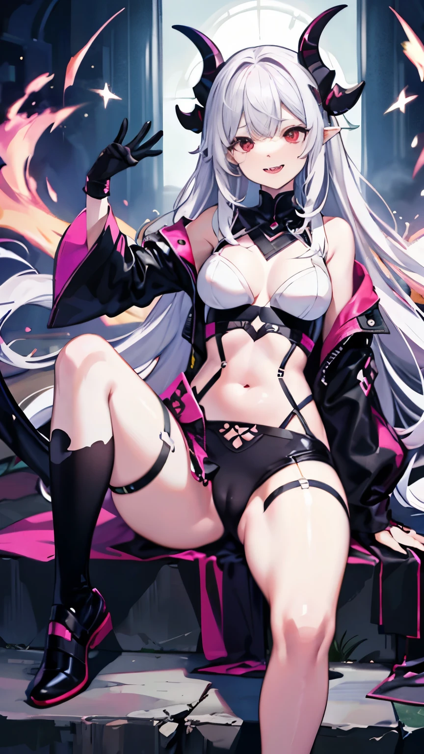 pale skin,dark风,wearing leg rings,long pink hair,black eye shadow,red eyes,Abstinence,dark,goat horn,sickle,grim Reaper,sitting,succubus,Open the legs,Smile,Sticking out tongue,Battle damage,Broken clothes,camel toe
,puppy