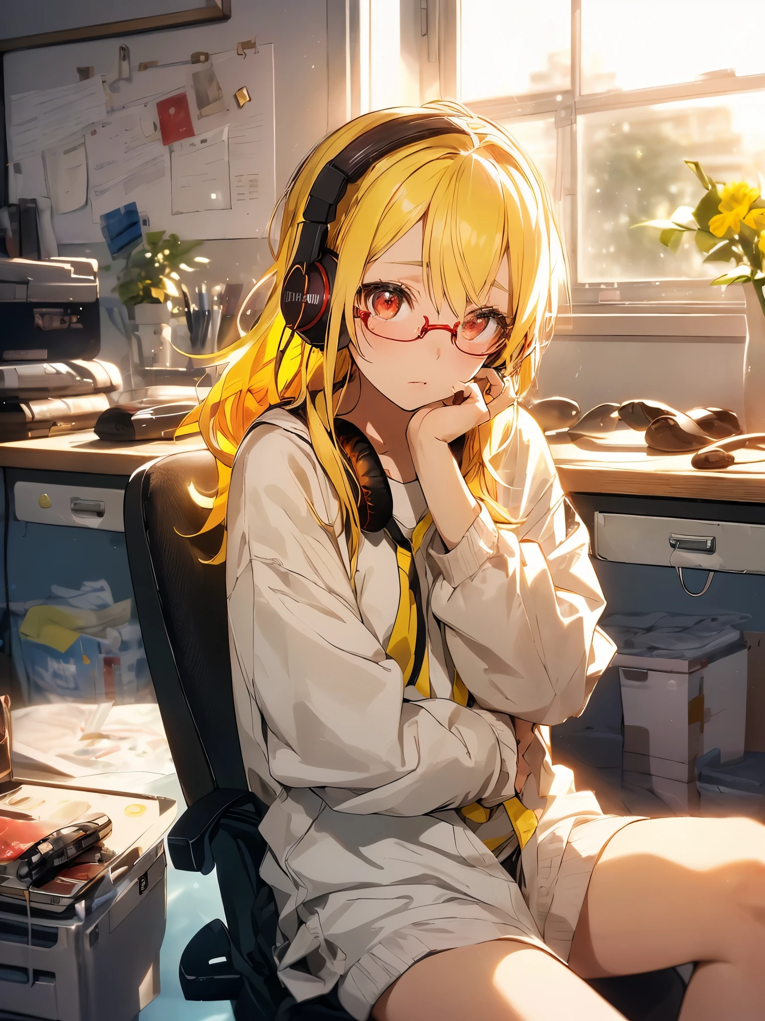 At night, the neon lights on the windowsills shine.、(((Woman living alone is studying at desk on left side wearing headphones))),in the corner of the room, (((There was no one but her)))、Neon lights illuminate the room in a fantastical way。color is yellow,A girl with eyes more beautiful than the sky is staring at me from the side..anime style、graduate School、experiment、experiment室、理科のexperiment、technical university students、Chemical、((white clothes)), (((1 female))), 22 years old, Esbian, small and poor chest, Get angry、lemon、((bright yellow hair)), long hair, ((red eyes)), amber eyes、Red beautiful eyes, (natural skin texture 鮮やかなディテール, surreal, (realistic detailed eyes, natural skin texture, realistic facial details), soft and dramatic lighting, ((lemonがテーマ)),Glasses,sitting in a chair、Legs wide open