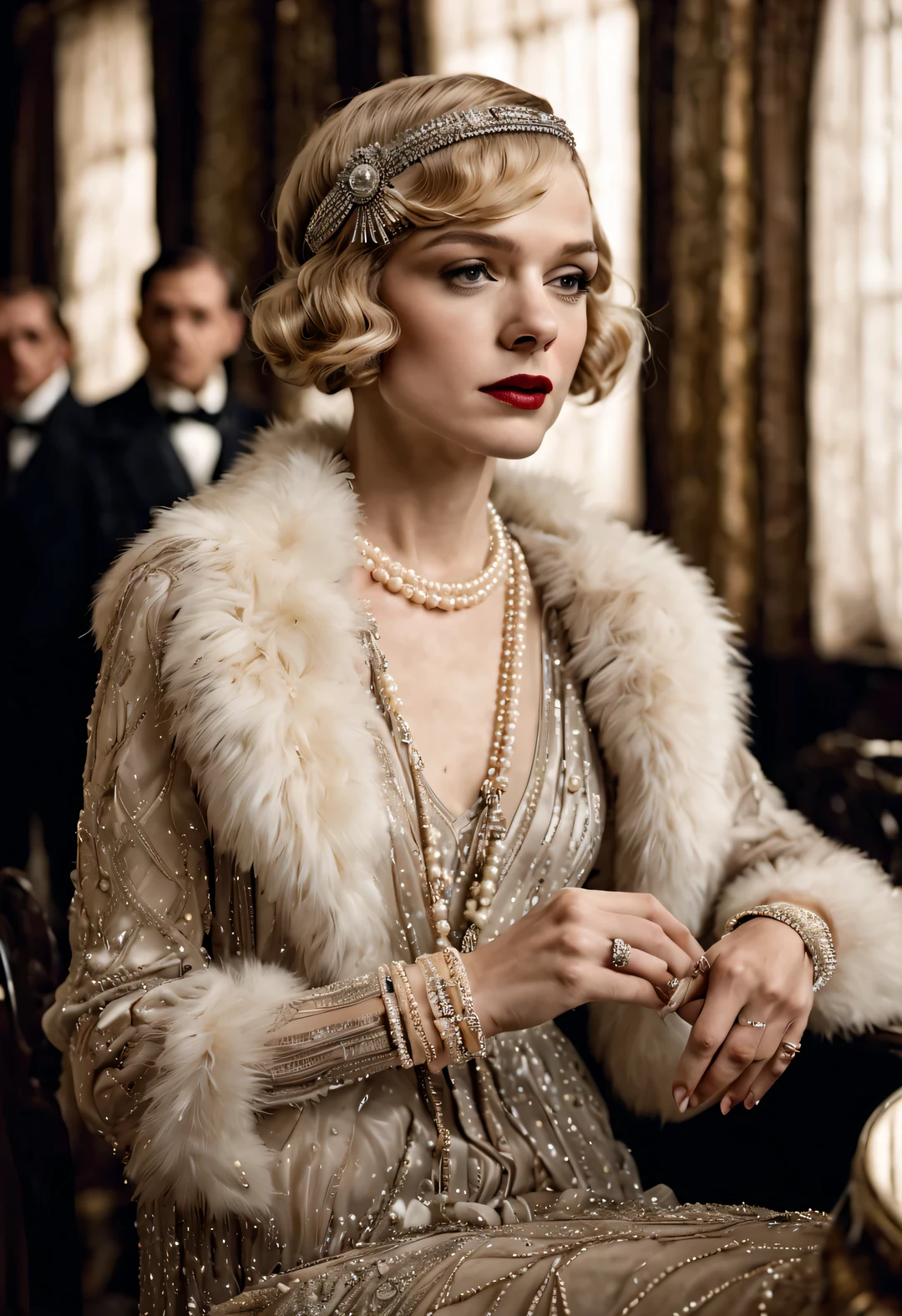 ultra high definition, masterpiece, precise, textured skin, Super details, high detail, high quality, Award-winning, best quality, high resolution, 16k,Woman wearing fashionable clothes sitting at table,Coffee on hand, The atmosphere of the 1920s, 1 9 2 0 s style, 1920s style, Roaring 20s, 1 9 2 0 s fabric style, Dressed in 1920s fashion, roaring twenties, Dystopian retro 1920s vibe, Art Deco era,(blond:1.34),Carey Mulligan(Carey Mulligan),wearing a fur coat,(Wear exaggerated and gorgeous pearl jewelry),Advanced custom lace clothing,perfect fingers,(Fair and translucent skin),super clear, &Quote;Great Gatsby&Quote; stills,Luxurious Pearl and Diamond Ring,bracelet,crown,Dressed in 1920s fashion, 1920s hairstyles, 1 9 2 0 s style, 1 9 2 0 clothes, 1 9 2 0 s fabric style,Art Deco,
