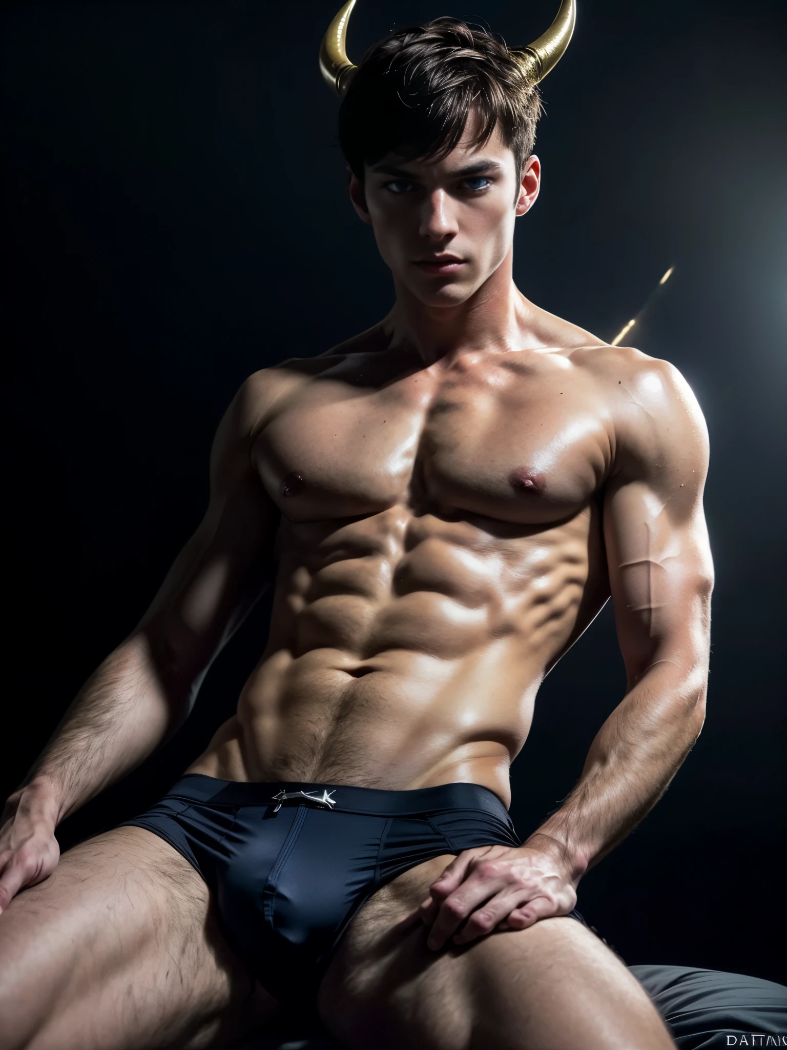Photorealistic, ((best quality)), ((masterpiece)), (detailed), 1boy, 8k, high detailed, ultra-detailed, Stylish Pose, real skin texture, dark cinematic lighting, 18-year-old italian male model, handsome, tall, cute looking, evil look, dark look, powerful, (blue eyes:1.4), personification of the deadly sin of lust, deadly sin, (LUST:1.5), (black demon horns:1.3) sexy, hot male model, white pale skin, intense, (dry short hair:1.3), (dry short brown messy hair, strong jawline, masculine, muscular, defined fit body, hairless chest, shirtless, pantless, barechested, topples, barelegged, barefoot, shirtless, topless, barechested, half naked, atight boxer-brief, tight underwear, short underwear, ,,,,, laying on his back on the bed, sinister aesthetic, luxurious minimalistic modern bedroom, (dark background:1.5), dim light, dark atmosphere, cinematic lighting, Depth of field, award-winning photography, elegant, hyperrealistic, octane render, unreal, high definition, 8k resolution, highly detailed, 8k uhd, professional lighting, photon mapping, radiosity, physically-based rendering