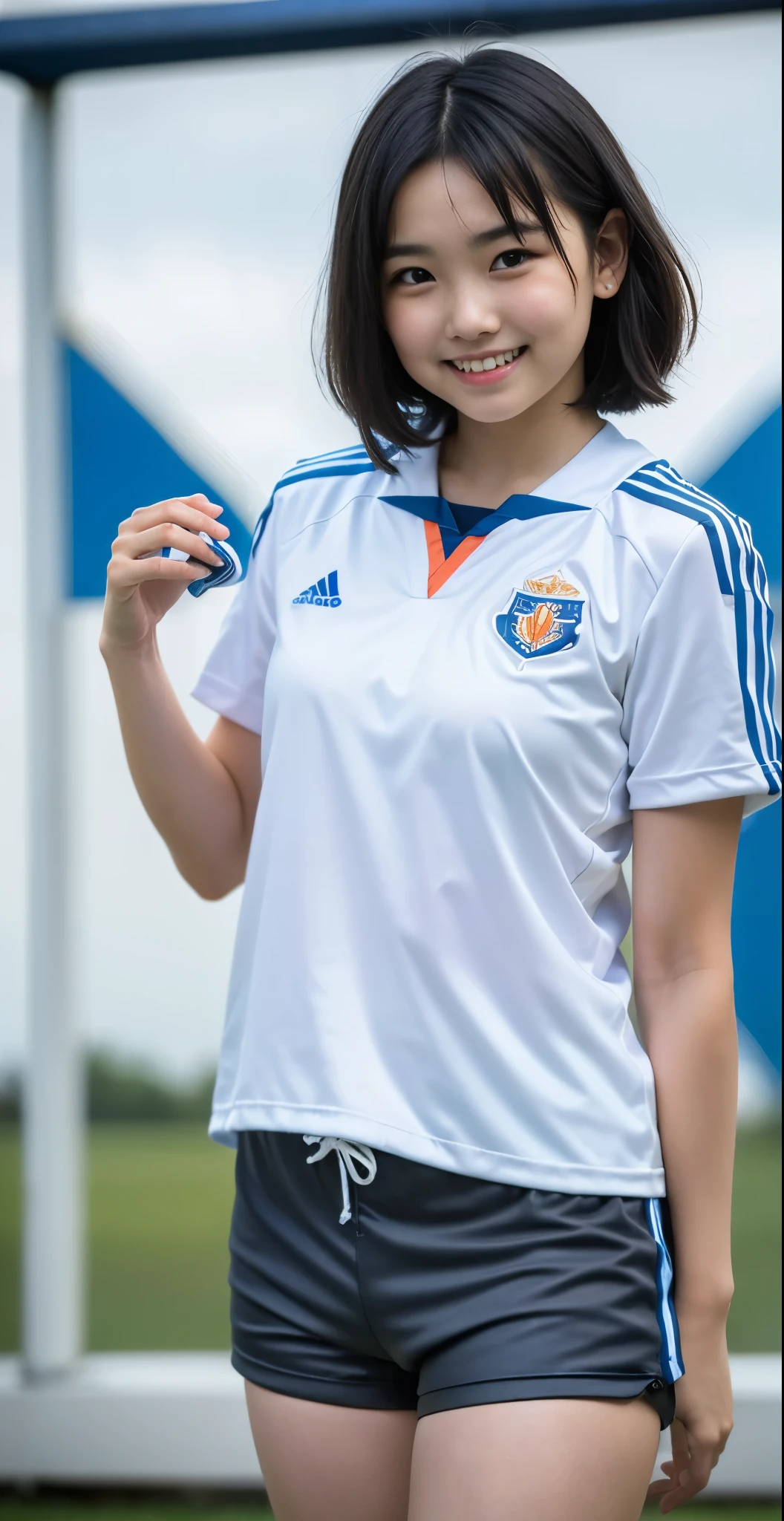 (8K、Raw photography、highest quality、masterpiece:1.2),(black haired、very short hair:1.9),show viewer,Looking at the front,erotic,白いskin,(wearing a blue and white soccer uniform:1.6)、(Clothing that emphasizes the shape of your chest、publish one'skin:1.6)、(big :1.5)、slim body shape、ultra high resolution,beautiful,beautiful fece,(alone, alone、no background:1.9),whole bodyボディー,japanese woman,(Photoreal:1.37)、photon mapping,reality、(Cute with a : 0.6)、(cute smile: 1.7)、(With a round face: 1.8)、radio city、Physically based rendering、depth of field rally background、photograph, (I can see your knees,close up of thighs、Too short pants:1.4),whole body、super fine