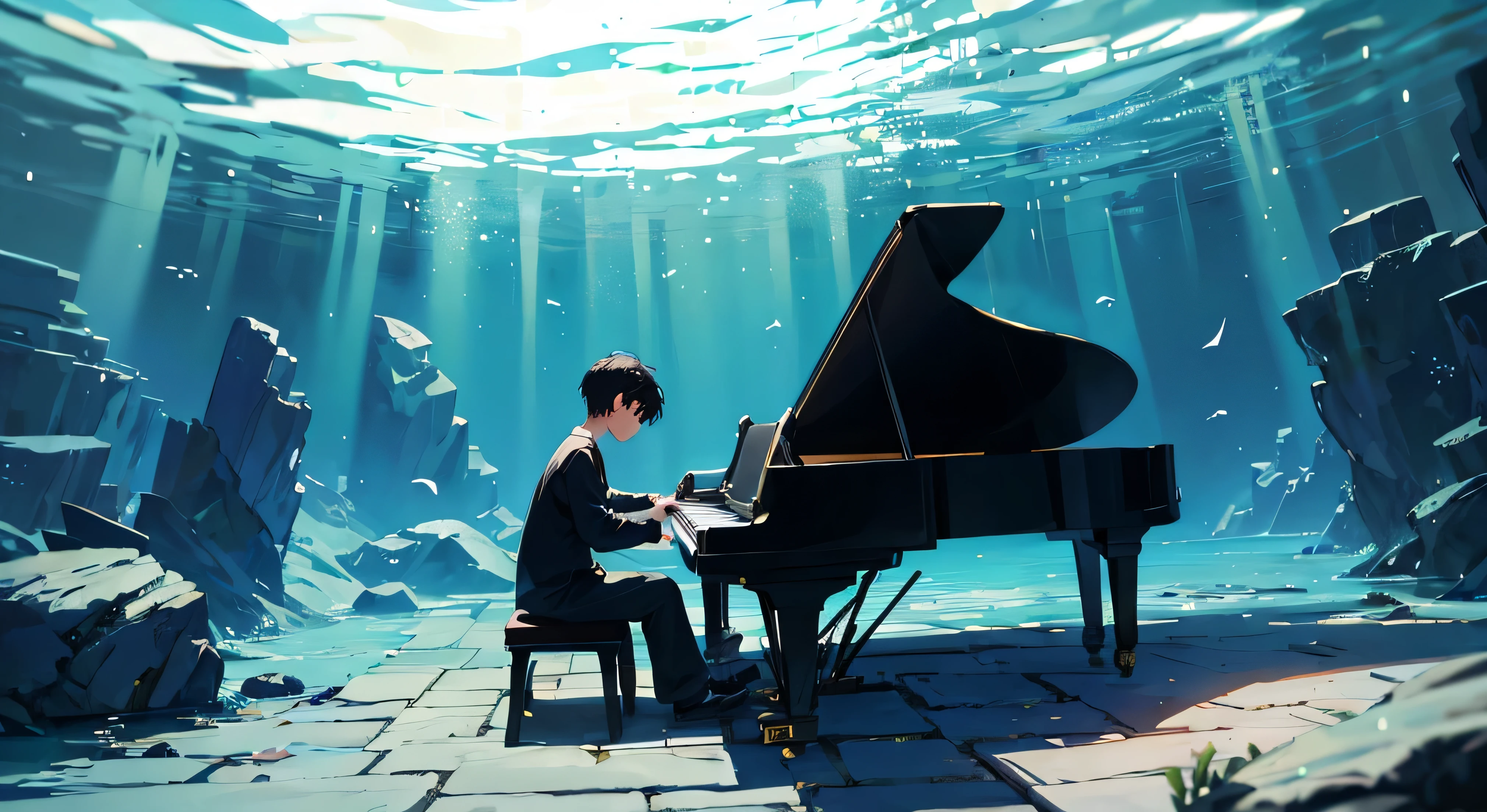 Sua mentira em abril, A boy with black hair plays the piano underwater, brilhando, com qualidade hd 