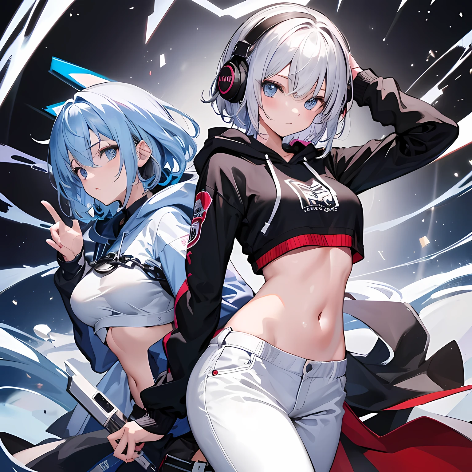 top quality、Top image quality、​Masterpiece、girl with((18 years old、Black midriff-baring short-sleeved hoodie、white pants、best bust、Bust 85、silver hair、Disturbed shortcut、blue eyes、open your mind、happiness、chain accessories、Put on your headphones、dance)）high quality、visual art、background with((Virtual live streaming))、on the table