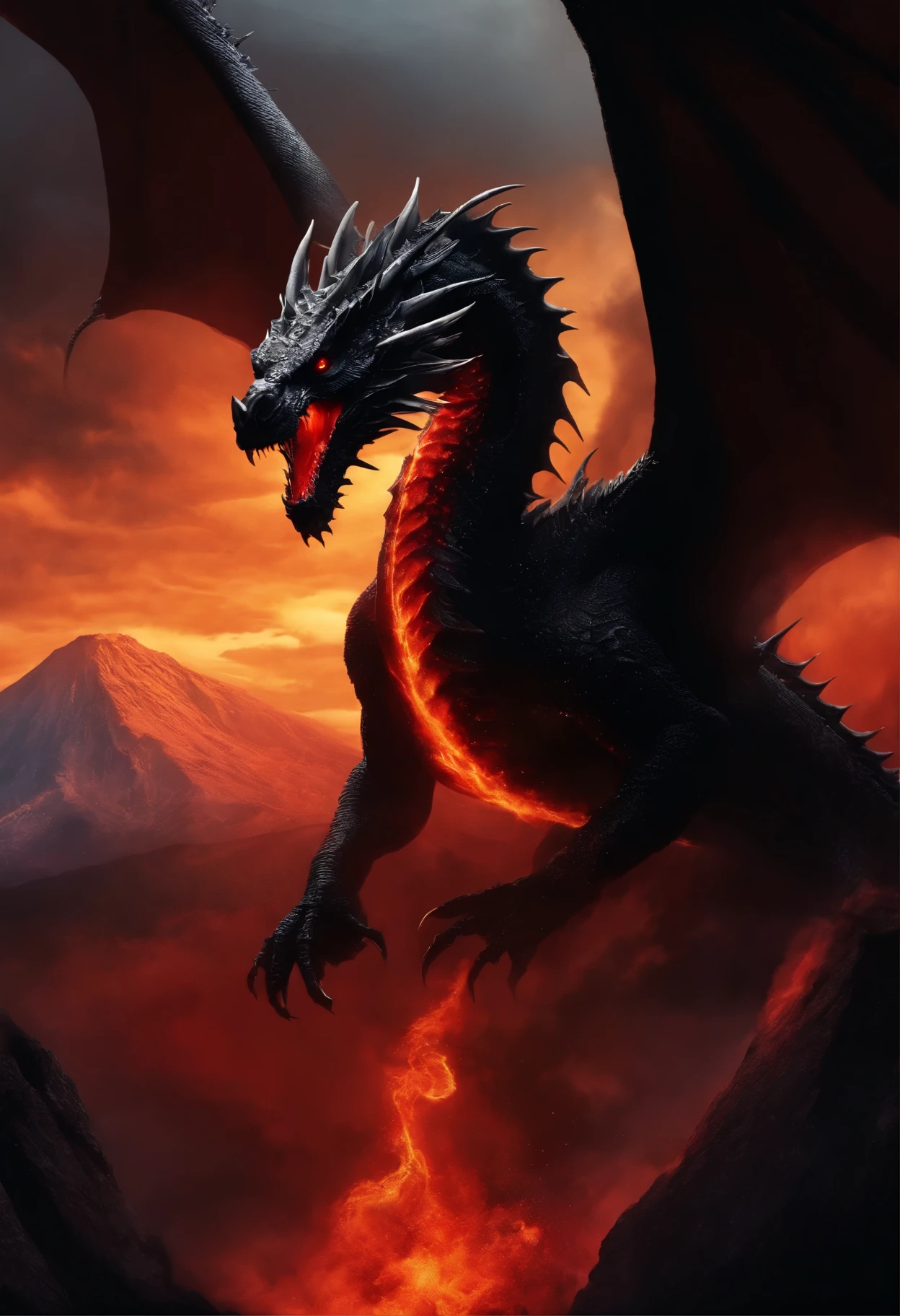 A black dragon with red eyes with the likeness of death on his face and a scar on his right eye and behind an erupting volcano
