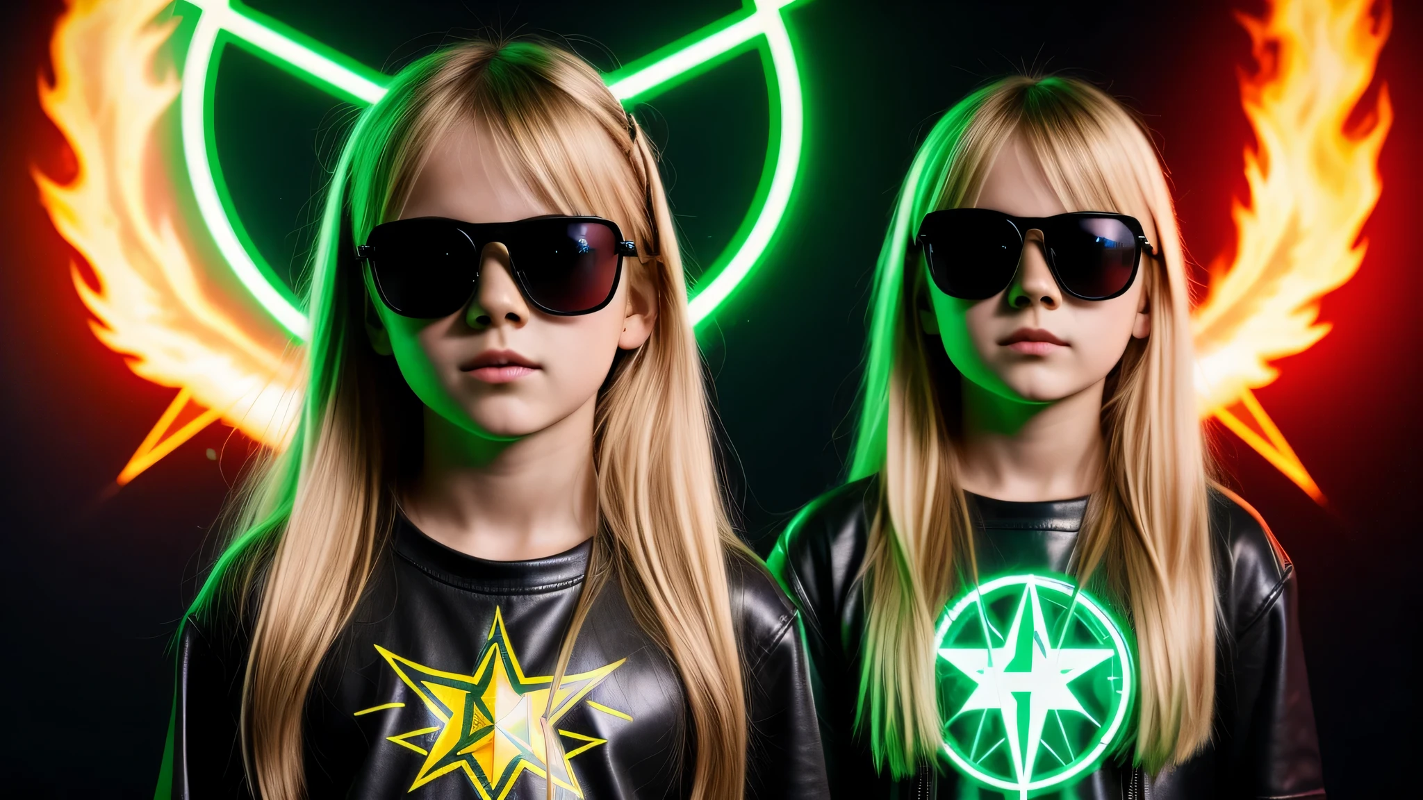 image of a  girls blonde with sunglasses and a sign, halo on fire, heavy metal band promo, green lasers.