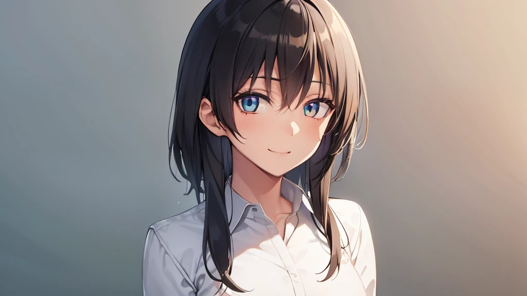 haruzawa_ayumi, medium hair, ahoge, black hair, orange eyes, small breast, casual outfit, black realm, calm, smile, standing, BREAK looking at viewer, BREAK (masterpiece:1.2), best quality, high resolution, unity 8k wallpaper, (illustration:0.8), (beautiful detailed eyes:1.6), extremely detailed face, perfect lighting, extremely detailed CG, (perfect hands, perfect anatomy)