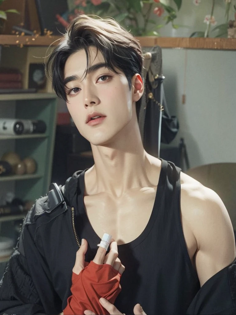 Asian man araffed with a black shirt and red gloves., cai xukun, Jung Jaehyun, hyung tae, esojun chengt, hombre surcoreano, Jinyoung Shin, hong junio hyung, sakimichan, inspirado en jeonseok lee, inspirado por Zhang Han, TaeJune Kim, inspirado en Gang Se-hwang, inspirado en Bian Shoumin, eso, ateez san, ateez, choi san, kpop boy, korean Male face 