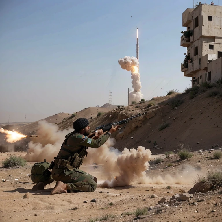 An image shows Teyseer Abu Ta'imah in action on the battlefield, firing rockets towards Israeli positions, while shouting "Allahu Akbar" and "Free Palestine".