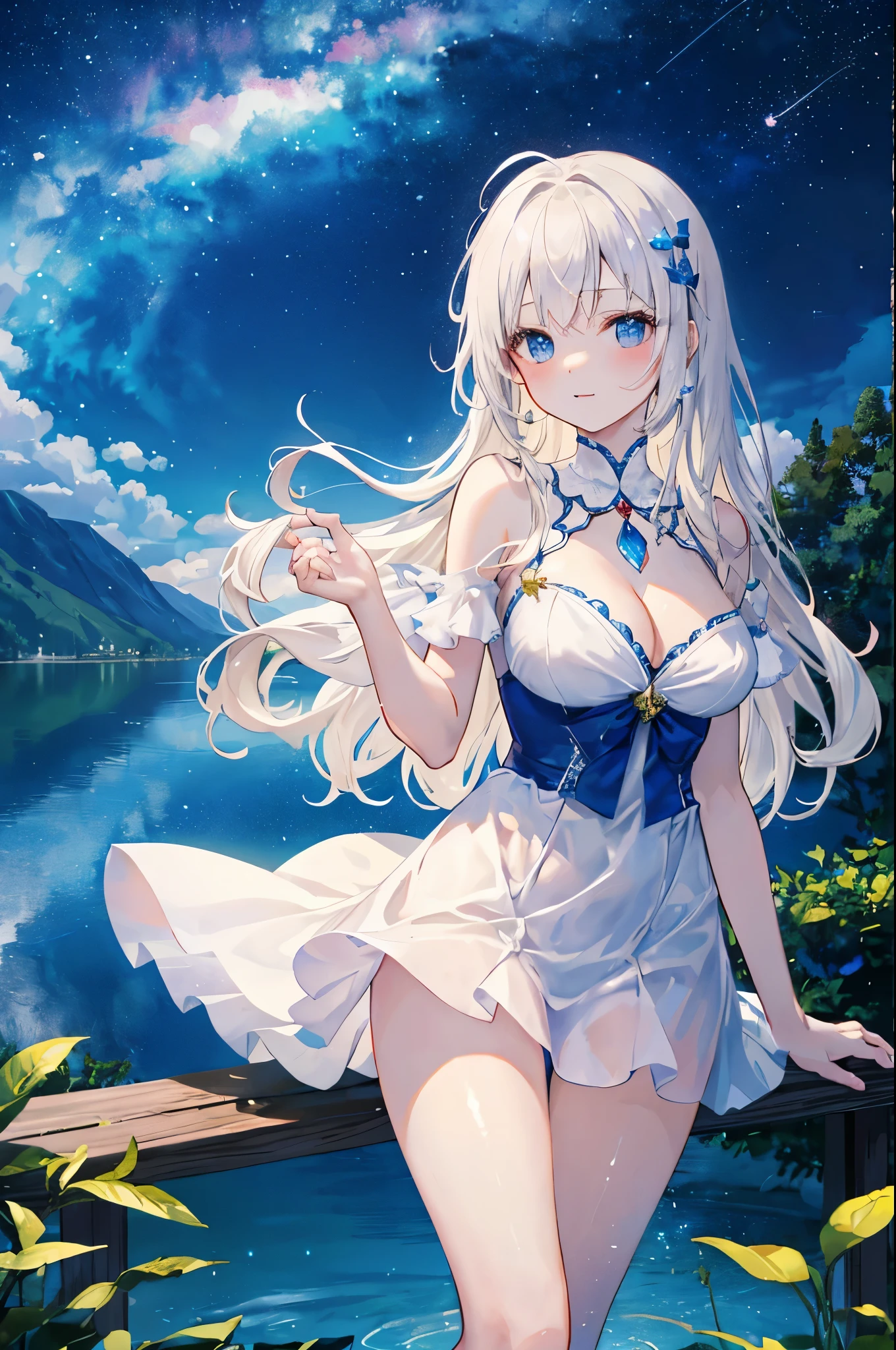 （masterpiece）、(highest quality)、((Super detailed))、(super delicate)、Princess in a naughty dress、platinum blonde、beautiful breasts、Thighs、Gorgeous、lake with mountain view、Fantastic starry sky