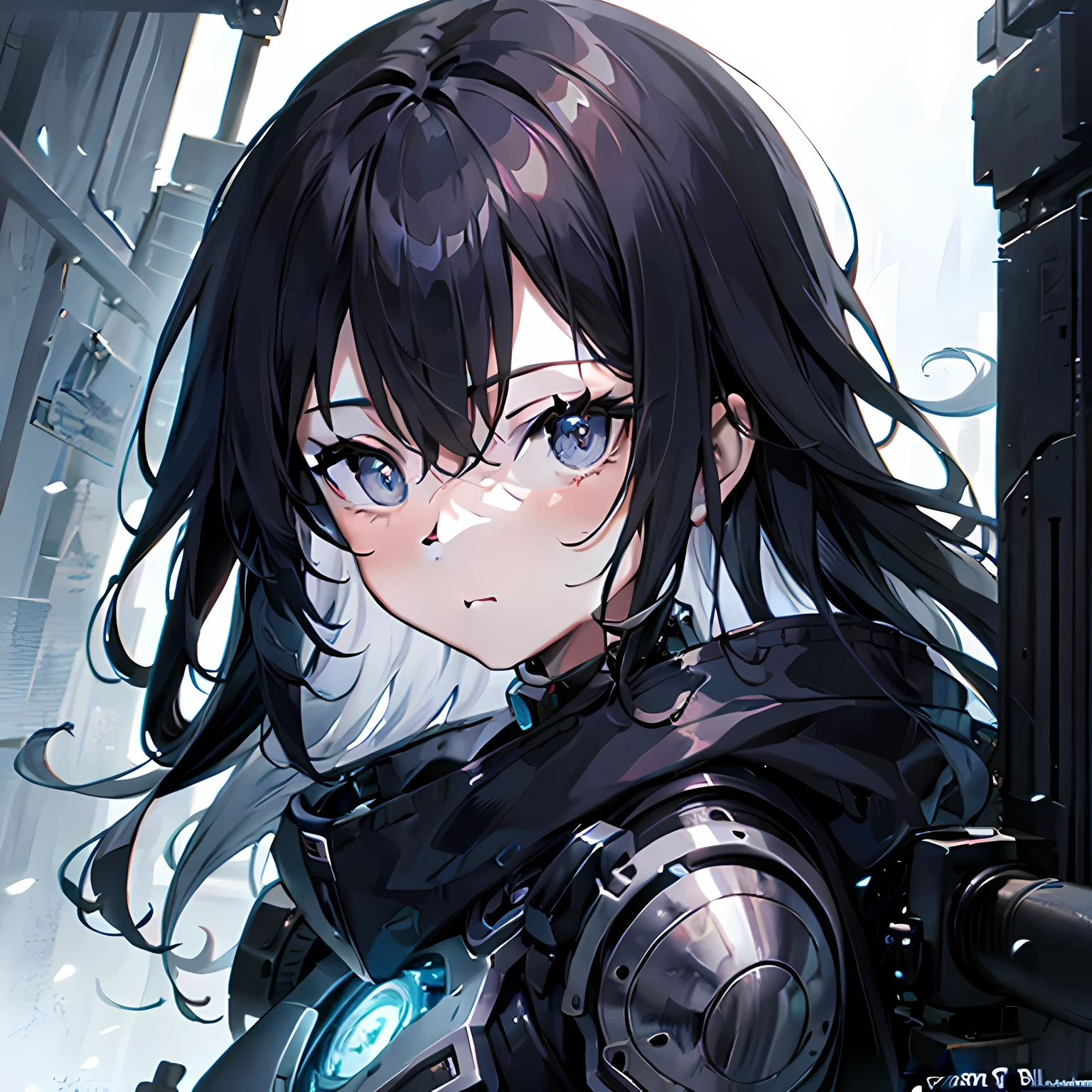 Vertical portraits of people in landscape settings by Yoshitaka Amano, black and white, fantastic, Cybernetics, long wavy dark hair, Highly detailed dynamic lighting, Popular topics on Artstation