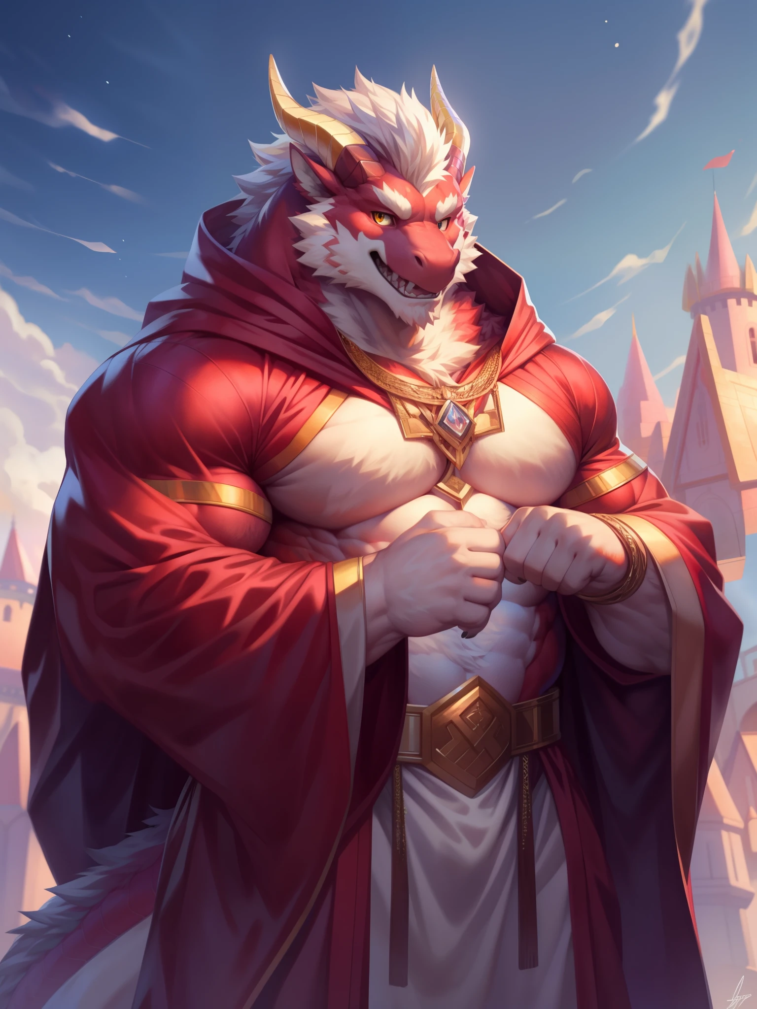 solo, anthro, furry, furry male, Dragon, ((fluffy fur, fluffy, detailed muscles)), (dark red fur, dragon print), red body, scale body, detailed scales, white hair, snout, huge pectorals, big muscles, chubby, yellow eyes, dragon tail, detailed teeth, detailed face, detailed fluffy fur, detailed face, Robes, hood down, big hood, mono-colored body, glowing horns, transparent horns, white horns, detailed eyes, Decorative trim, detailed cloak, white cloak, white robes, gold buckle, revealing robes, necklace, gold braces on wrist, full body, fantasy castle grounds, (by null-ghost,by raccoon21, masterpiece, high quality, hi-res,8k), standing ,close-view portrait, looking at viewer, outdoor, happy expression, dynamic pose, glow mouth, detailed sky,