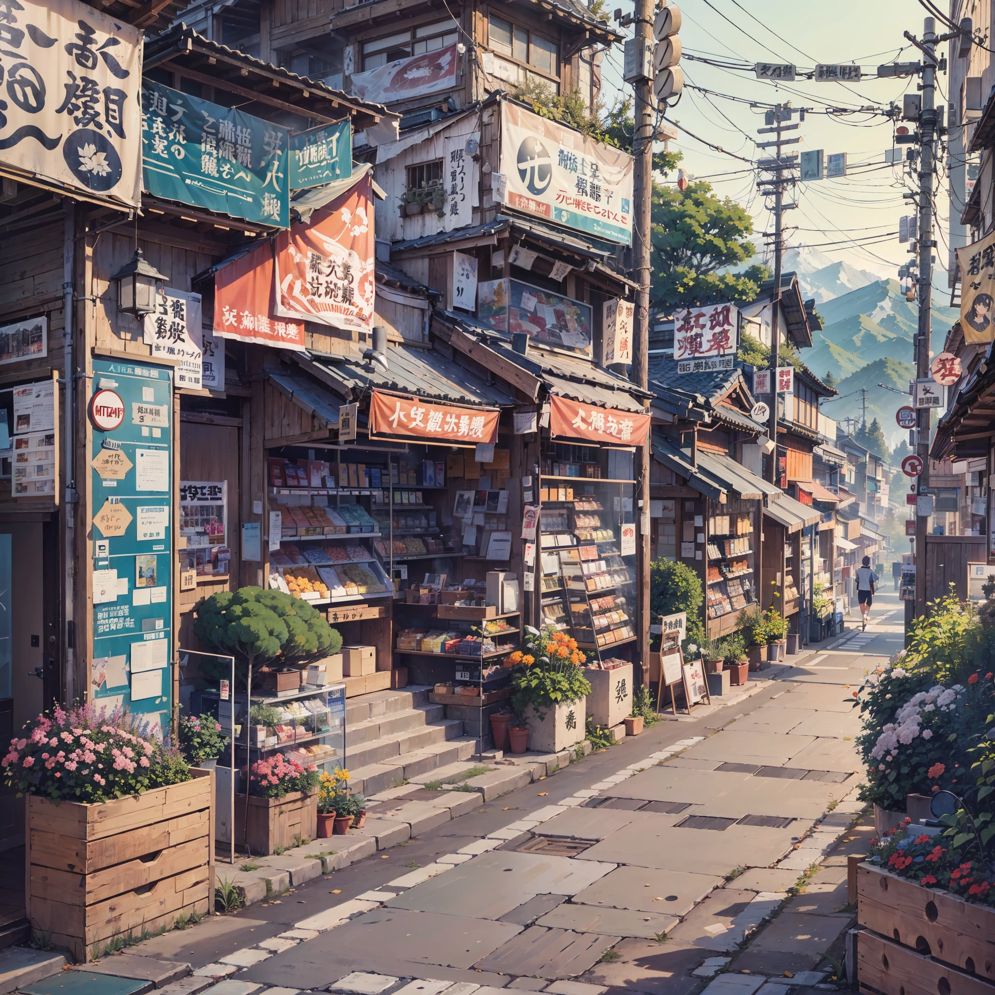 anime background, anime wallpaper, anime, anime style, lofi, lofi style, modern japanese street, mountains, uphill, modern japanese architecture, japanese convenience store, big retro japanese shop signs, retro japanese store, trees, plants, rocks, plant pots, shop signs, japanese banners, japanese signs, flags, empty street, no one in sight, (no one: 1), best quality, wide view, street going uphill, buildings tight together, night time, night