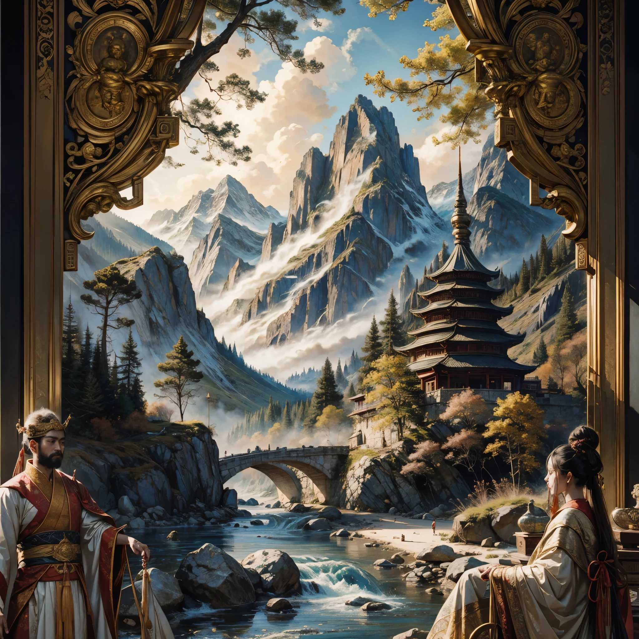 ancient chinese painting, ancient chinese background, mountains, river, auspicious clouds, pavilions, sunlight, masterpiece, super detail, epic composition, ultra hd, high quality, extremely detailed, official art, unified wallpaper, super detail, varies multi etc. --v 6 --s 1000 --c 20 --q 20 --chaos 100