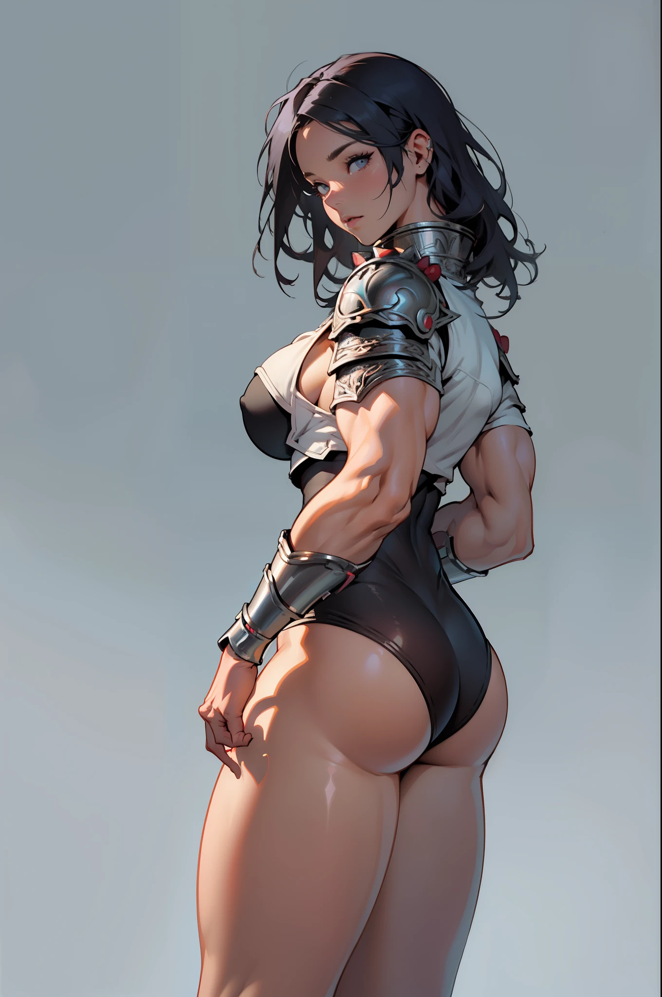 (high resolution, pixel perfect, gorgeous illustrations), (hyper quality, muste piece, etheric: 1.4),(solo:1.4), pale skin, (((((((muscular))))))), ((thick thighs)), (((wide hips))), ((Big breasts that are about to burst)), (((woman))), ((((mature woman)))), ((wh_chi_armor)), (leotard), (lewd girl), ((gray background)), (shiny skin), ((overexposure)), ((facial lash)), (((UnderButt))), ((look down, looking at the viewer)),