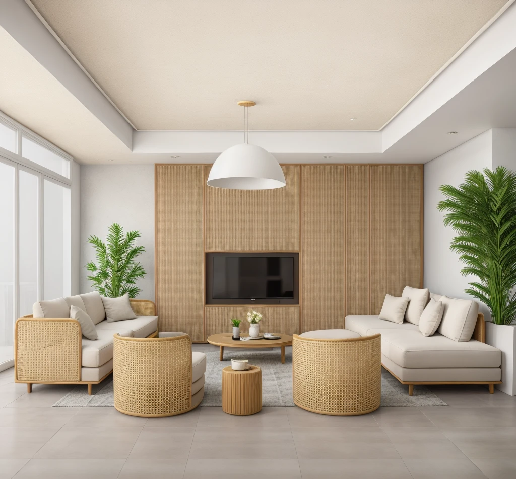 Real photo, modern livingroom, made from morden rattan funiture, gorgeous design, modern style, shadows, volumetric lighting, shadows, high-end photography, fidelity, bright details, sharp, unique, winning photography award, Canon EOS 5D Mark IV DSLR camera, f/ 6 , ISO 100, 1/250 sec, uhd, 8k, natural soft light Of course, best quality, Super high resolution, floor made from Honed Brick Bond Tiles Cappuccino Marble Texture:1.2, morden rattan funiture:1.1