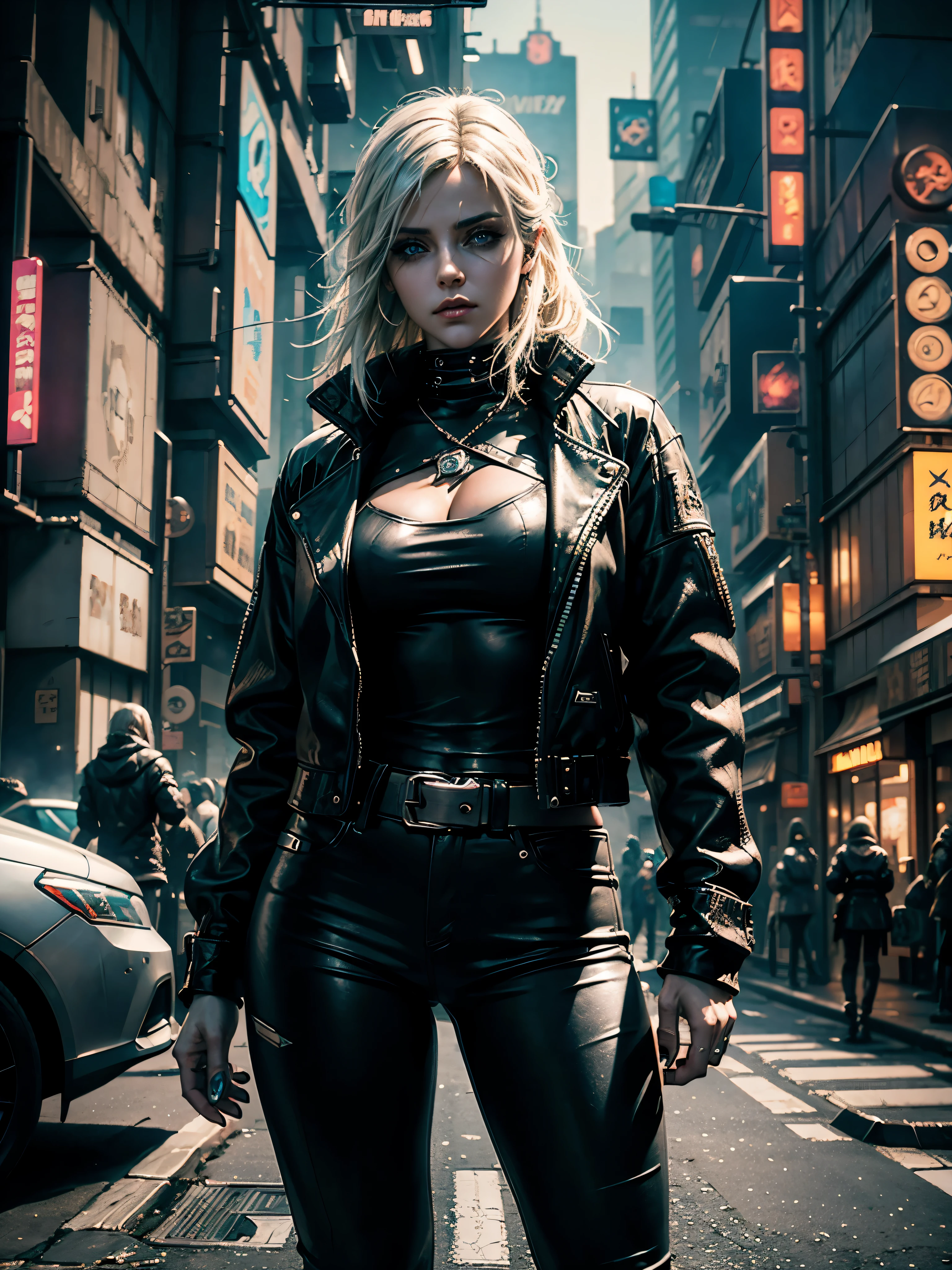 (Masterpiece, Top Quality, Best Quality,Extreamly detailed, perfect quality), ciri of the witcher, ash blond woman in leather jacket and black pants standing on city street, black makeup, defined shades, cyberpunk art inspired by senior character artist, trending on Artstation, digital art, in cyberpunk city, cyberpunk 2 0 y. o model girl, female cyberpunk anime girl, cyberpunk anime girl, cyberpunk beautiful girl, in cyberpunk style, hyper-realistic cyberpunk style, beautiful cyberpunk woman model, cyberpunk photo