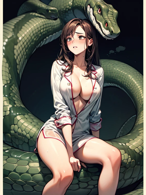 1girl, solo, (18-year-old), dark hair, long hair, bedroom bed in background, pajamas, white pajamas, (open clothes:1.0), sitting, spread my legs, (large breasts), cute,shy, blush, parted lips, (snakes 1.5),(surrounded by snakes), (anaconda), (big snake), (coiled snake:1.0),coils, (Snakes entangled with girls:1.0),night, looking away, (face to face:1.0), flustered face, surprised face ,wet skin, steam, cinematic angle, best quality,detailed,high resolution,
