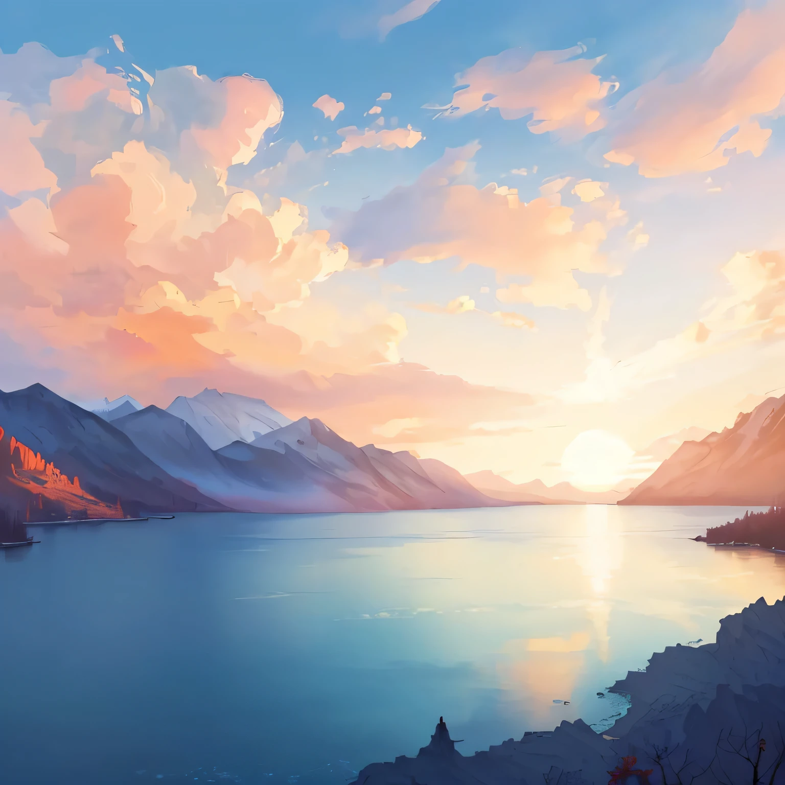 Image of a sunset over a lake with mountains and clouds, Beautiful UHD 4K art, 4k digital painting, 4k digital painting, detailed painting 4K, beautiful digital painting, anime Landscape wallpaper, 4k digital painting, HD digital painting, gorgeous digital painting, high quality digital painting, scenery artwork, Stunning digital painting, wallpaper with landscapes, Landscape wallpaper