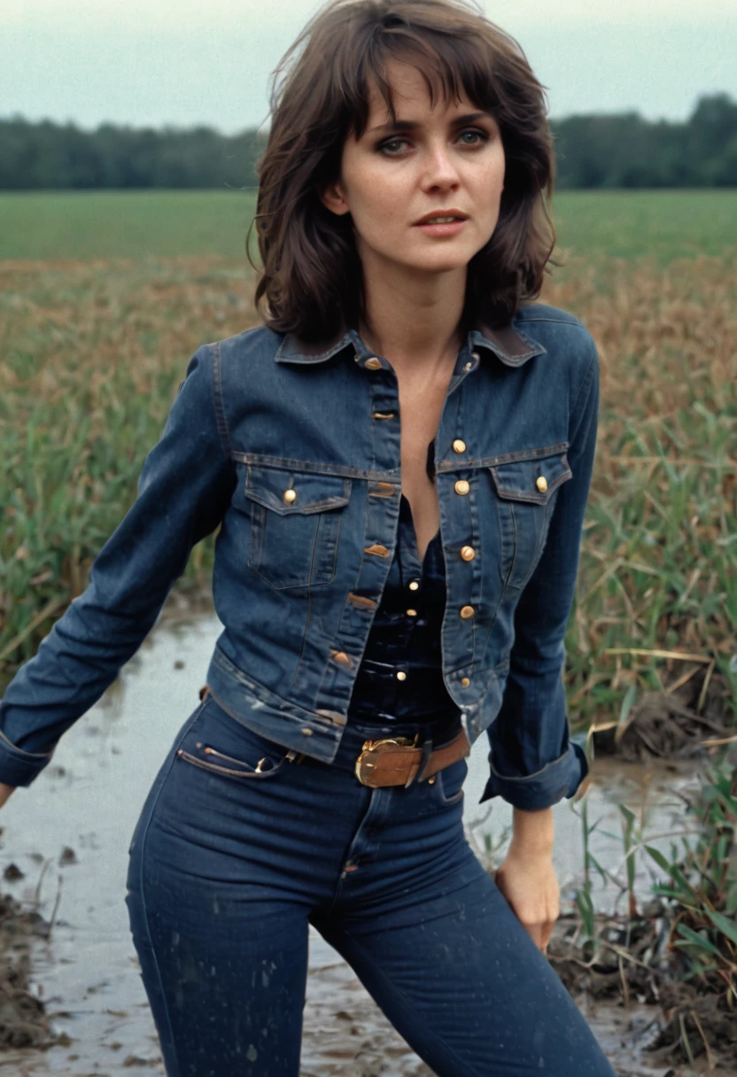 70s setting, photo of vulnerable shy woman in muddy (worn-out) high waist flared jeans and dark denim jacket and blouse drowning in bog and demonstrate her sexual shy, (dark+wet jeans up to hips)
