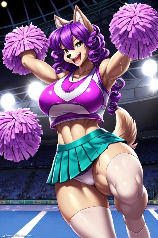 (((Wolf ))),(((Wolf girl))),anthro dog girl, body fur,cheerleader,HD,sharp,beautiful and detailed,woman ((anthro)),subdued Lavender color skin, ((long purple hair)),(((ojou curls))),(A woman sweating and dancing vigorously with her legs up:1.3)、(teal cheerleading miniskirt:1.2)、(holding a pom pom:1.2)、Cute smile with open mouth、(white sleeveless cheerleading shirt:1.4)、(White panties visible through the skirt)、(Stand on one leg:1.3),(holding pom poms:1.2), full body view, (detailed fluffy), spread legs,(laugh), (stadium stands),cowboy shot,dynamic pose,zettai ryouiki,skirt lift,white panties,dynamic angle,,by dr comet,by pochincoff, by jlullaby,by kingbang,by sparrow,by ZeroQrisu,wide hips, huge ass, huge round ass,Milf, huge breasts, thick thighs, curve,curvey,