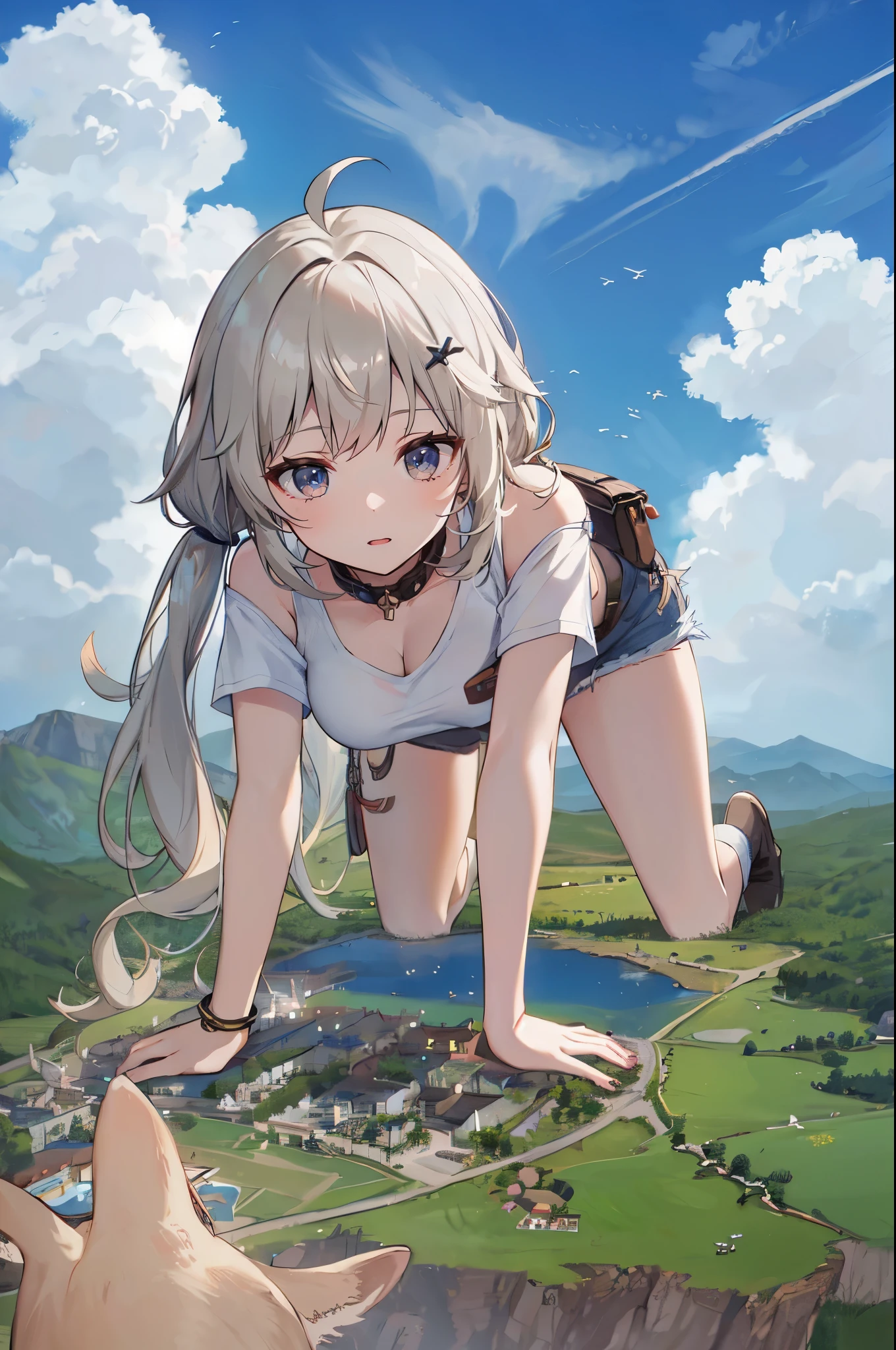 giantess, (closeup breasts and face), (all fours: 1.2), (below view: 1.2), (sky and clouds background: 1.2), shali1, low twintails, long hair, ahoge, x hair ornament, choker, crop top, off-shoulder shirt, white shirt, black gloves, single glove, wristband, denim shorts, belt, hip pouch, boots, white socks, cleavage, hills, cliffs, mountains, foreshortening, (earth continent from sky view: 1.1), (village city from sky view: 1.1)