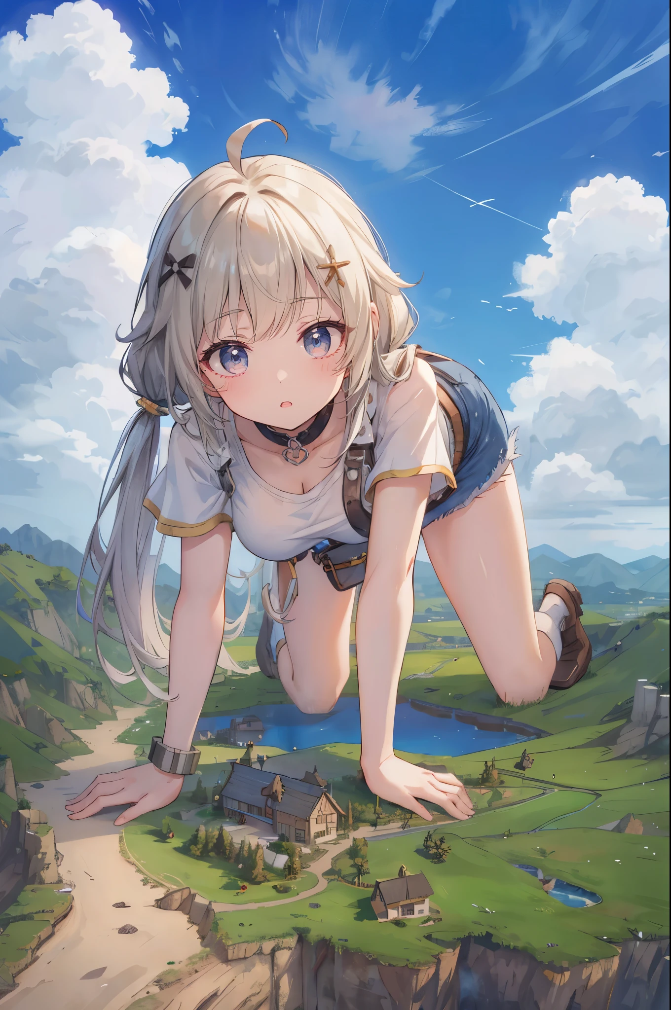 giantess, (closeup breasts and face), (all fours: 1.2), (below view: 1.2), (sky and clouds background: 1.2), shali1, low twintails, long hair, ahoge, x hair ornament, choker, crop top, off-shoulder shirt, white shirt, black gloves, single glove, wristband, denim shorts, belt, hip pouch, boots, white socks, cleavage, hills, cliffs, mountains, foreshortening, (earth continent from sky view: 1.1), (village city from sky view: 1.1)