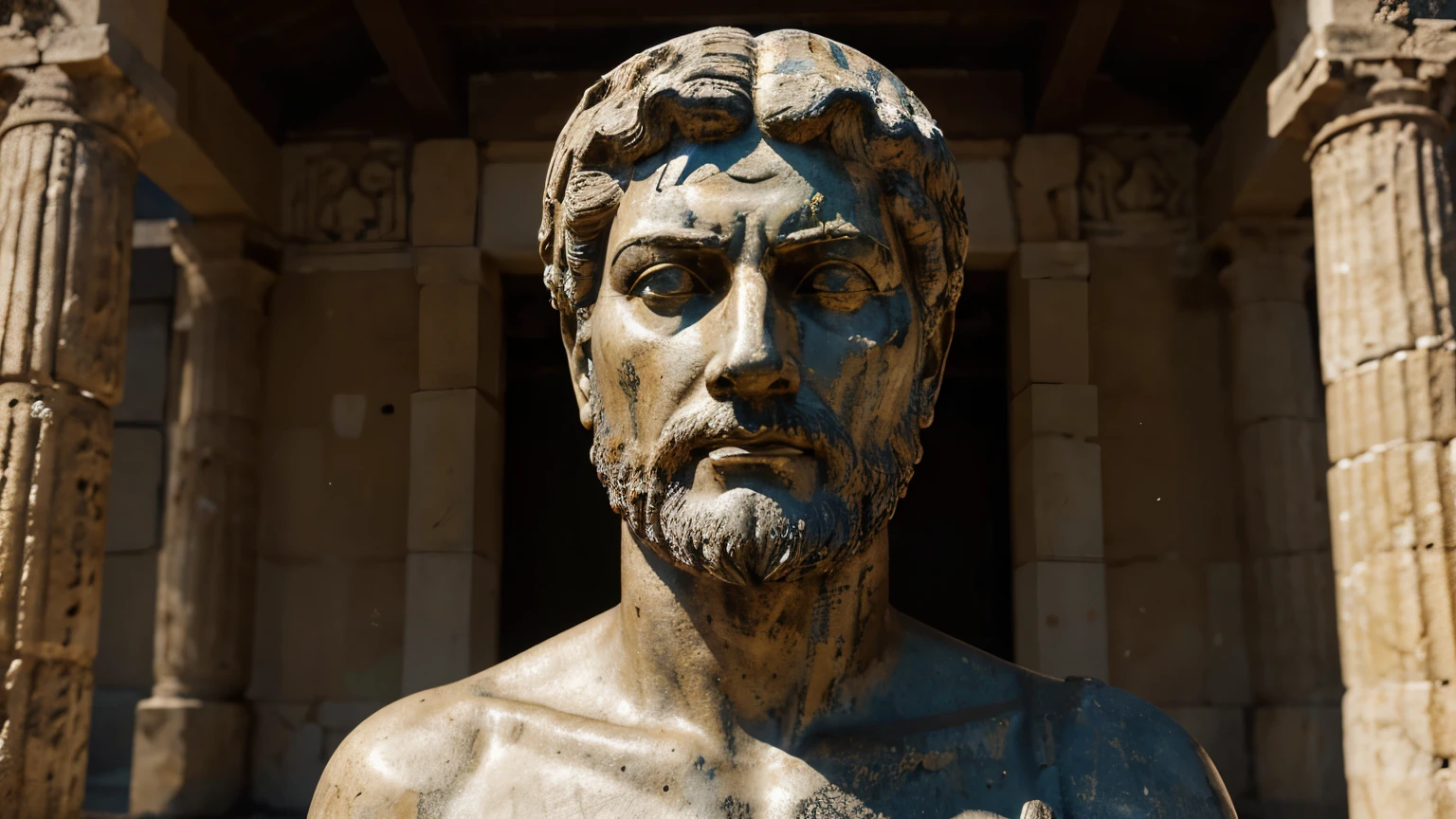Ancient Stoic Statue With Very Angry Expression, tem barba, muitos detalhes em ambos os olhos, Outside, fundo atenas grego, open sky, com rosto extremamente detalhado full body view, Colors with low saturation with dark tone, Filmado em Sony A7S III com Sony FE 35mm f/1.8, 12.1 MP, --AR 3:2 --estilo cru