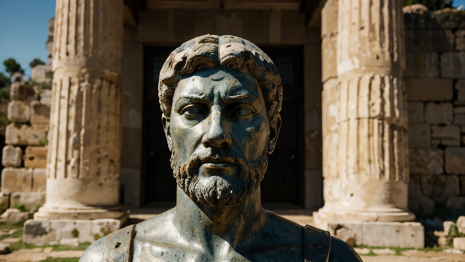 Ancient Stoic Statue With Very Angry Expression, tem barba, muitos detalhes em ambos os olhos, Outside, fundo atenas grego, open sky, com rosto extremamente detalhado full body view, Colors with low saturation with dark tone, Filmado em Sony A7S III com Sony FE 35mm f/1.8, 12.1 MP, --AR 3:2 --estilo cru