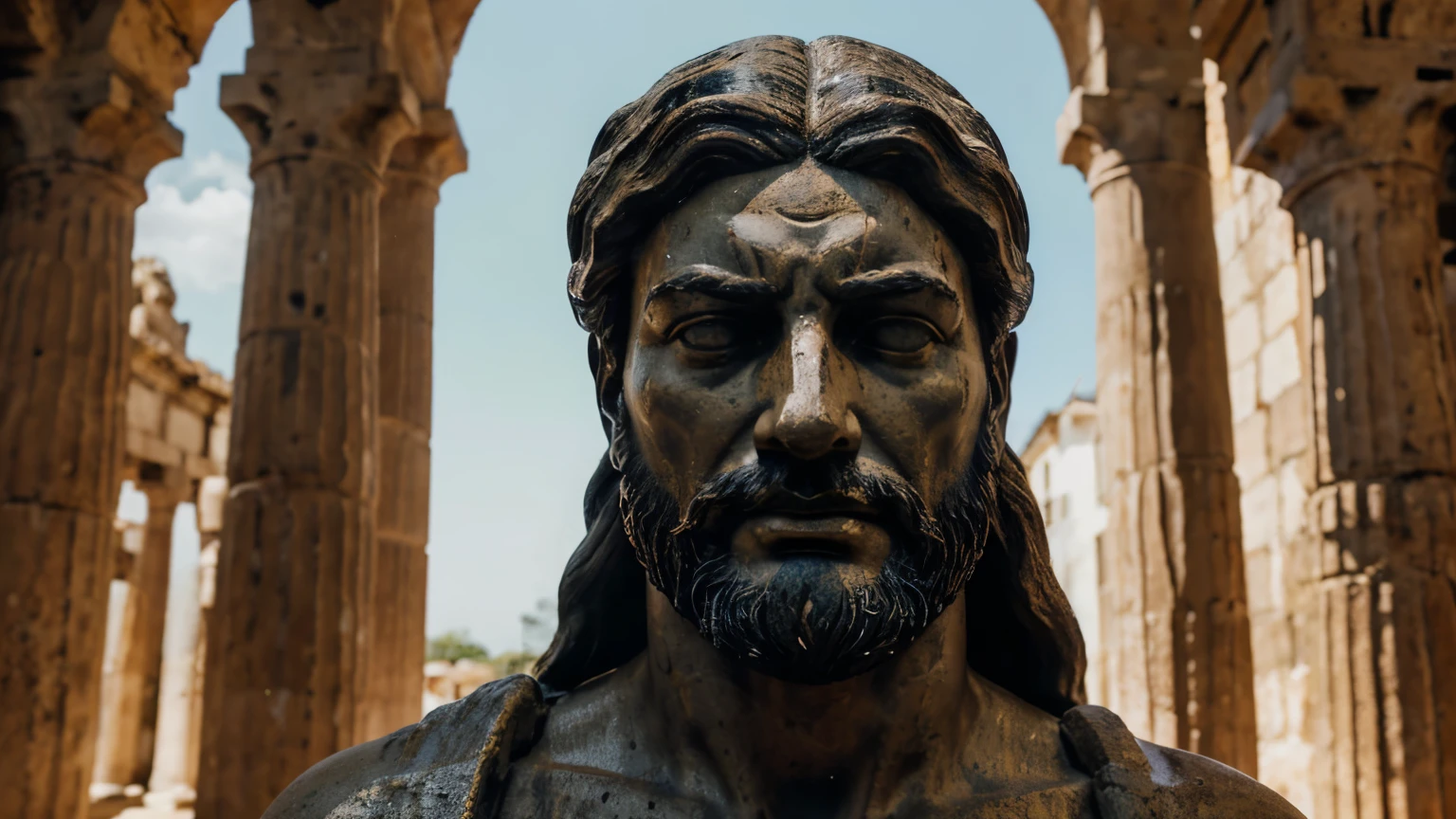 Ancient Stoic Statue With Very Angry Expression, tem barba, muitos detalhes em ambos os olhos, Outside, fundo atenas grego, open sky, com rosto extremamente detalhado full body view, Colors with low saturation with dark tone, Filmado em Sony A7S III com Sony FE 35mm f/1.8, 12.1 MP, --AR 3:2 --estilo cru