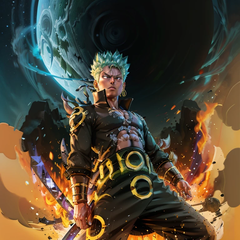 (Masterpiece, 4k, 8K, Best Quality:1.2), Zoro from One Piece, fused with Goku, wearing the Naruto Six Paths suit.

Zoro, with his iconic three-sword technique, stands tall with a determined expression. His body, now merged with Goku's, wears the majestic Naruto Six Paths suit. The golden armor covers his muscular build, and the Rinnegan glows with intense power. The fusion brings out the best of both characters - Zoro's fighting spirit and Goku's limitless energy.

A scene from a breathtaking battle, the fusion of Zoro and G