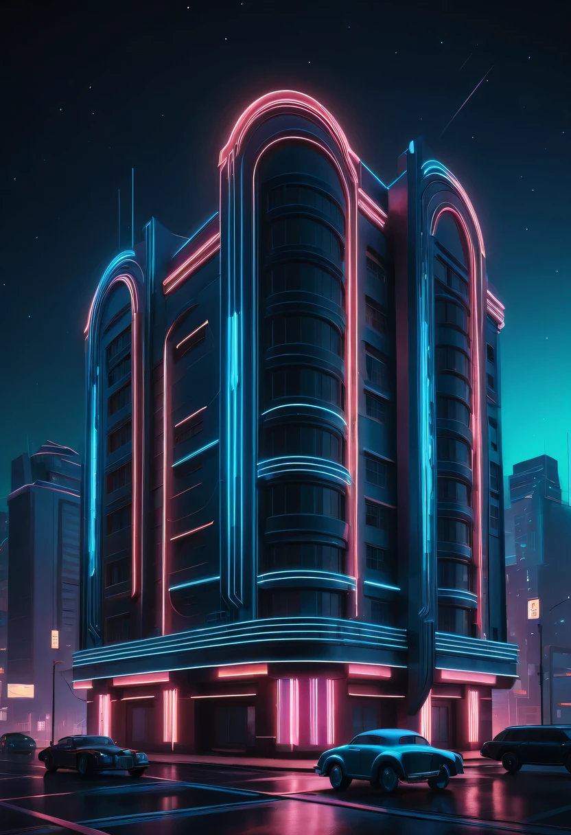 art deco design，urban buildings，streamline moderne，futuristic architecture, Abstraction，modern style，Luxury and Luxury，Future night view，Futuristic decorative elements，Metallic，number line，sci-fi lamp，Virtual Engine，Unreal rendering，neon lights