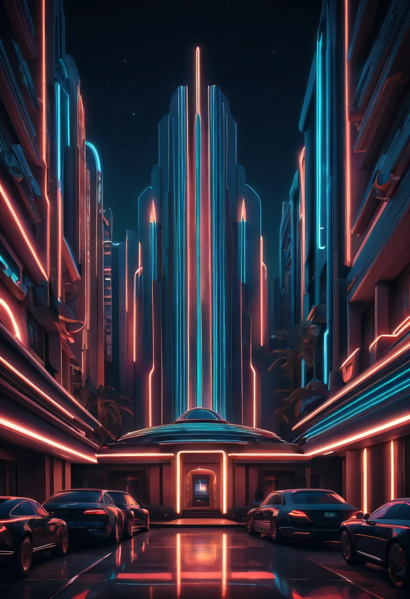 art deco design,urban buildings,streamline moderne,futuristic architecture, Abstraction,modern style,Luxury and Luxury,Future night view,Futuristic decorative elements,Metallic,number line,sci-fi lamp,Virtual Engine,Unreal rendering,neon lights
