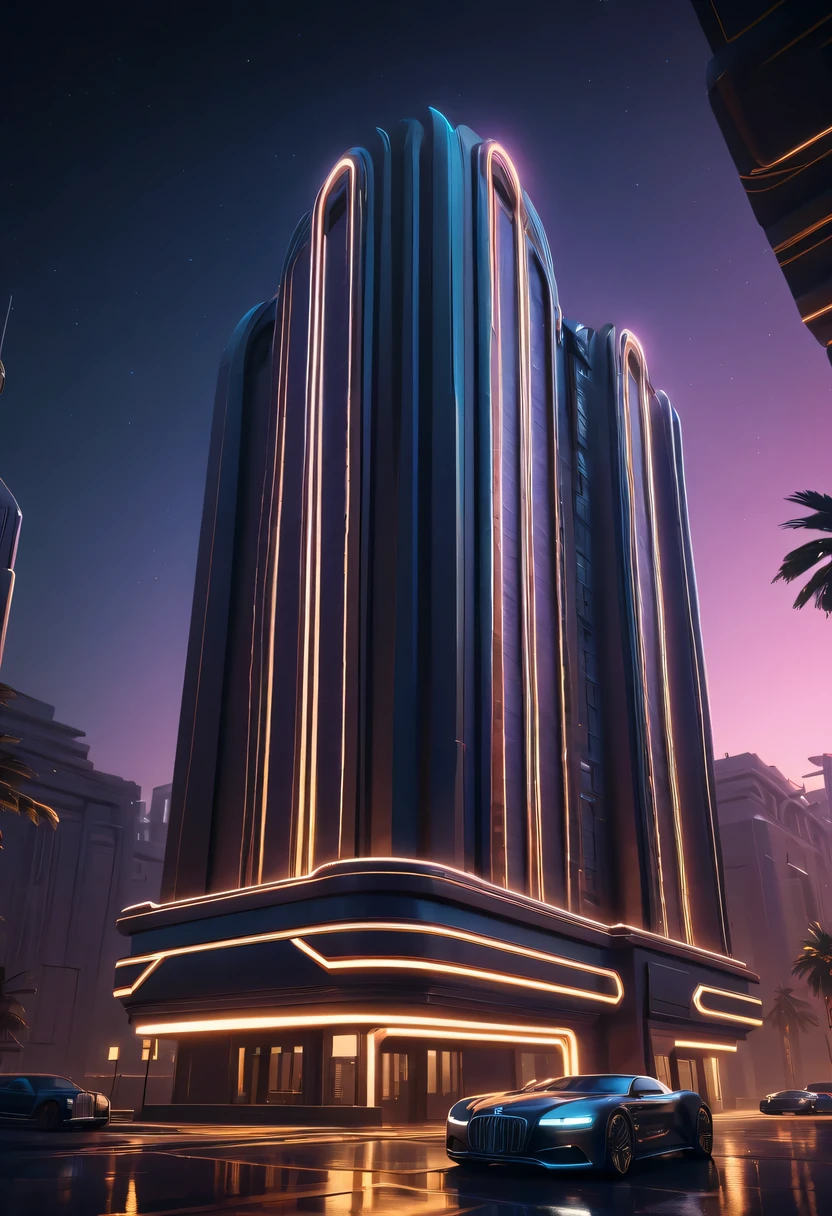 art deco design，urban buildings，streamline moderne，futuristic architecture, Abstraction，modern style，Luxury and Luxury，Future night view，Futuristic decorative elements，Metallic，number line，sci-fi lamp，Virtual Engine，Unreal rendering