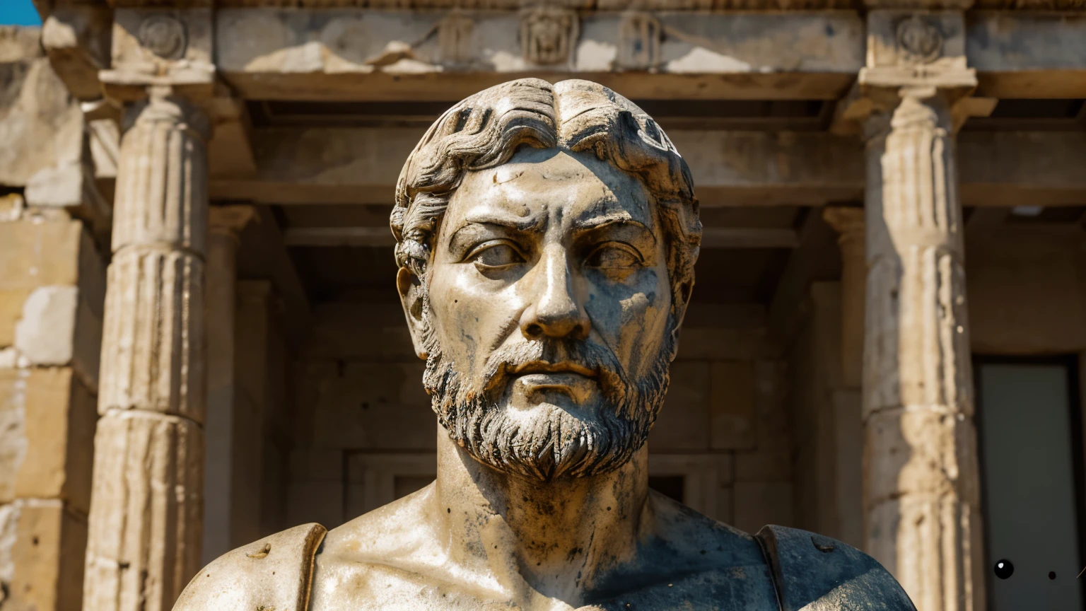 Ancient Stoic Statue With Very Angry Expression, tem barba, muitos detalhes em ambos os olhos, Outside, fundo atenas grego, open sky, com rosto extremamente detalhado full body view, Colors with low saturation with dark tone, Filmado em Sony A7S III com Sony FE 35mm f/1.8, 12.1 MP, --AR 3:2 --estilo cru