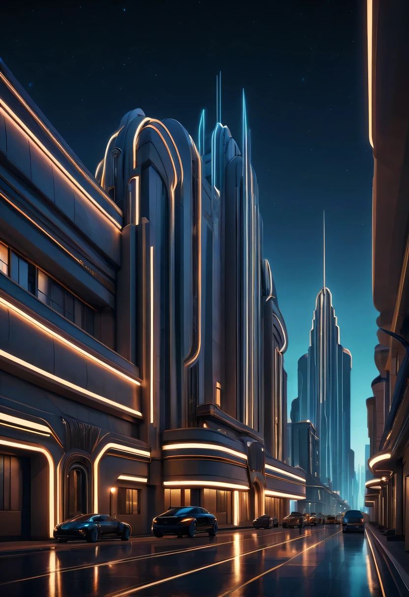 art deco design,urban buildings,streamline moderne,futuristic architecture, Abstraction,modern style,Luxury and Luxury,Future night view,Futuristic decorative elements,Metallic,number line,sci-fi lamp,Virtual Engine,Unreal rendering