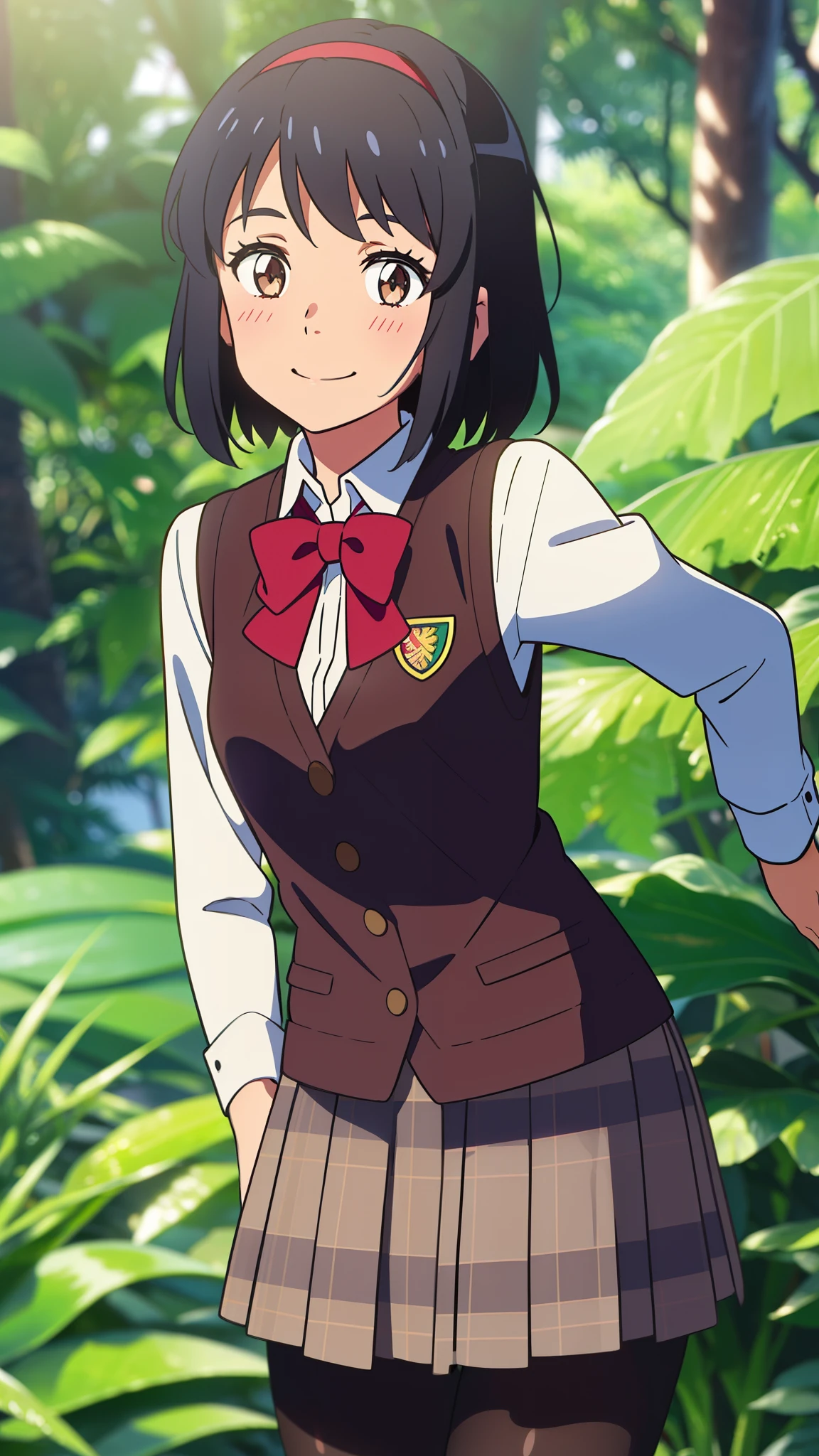 shinkai makoto, kimi no na wa., 1girl, bangs, black hair, blush, brown eyes, shiny skin, red headband, red ribbon, red bow, White dress shirts, Plaid vest, skirt, plaid skirt, black pantyhose, short hair, smile, cute, solo, upper body, happy, Rainforest background, in the forest