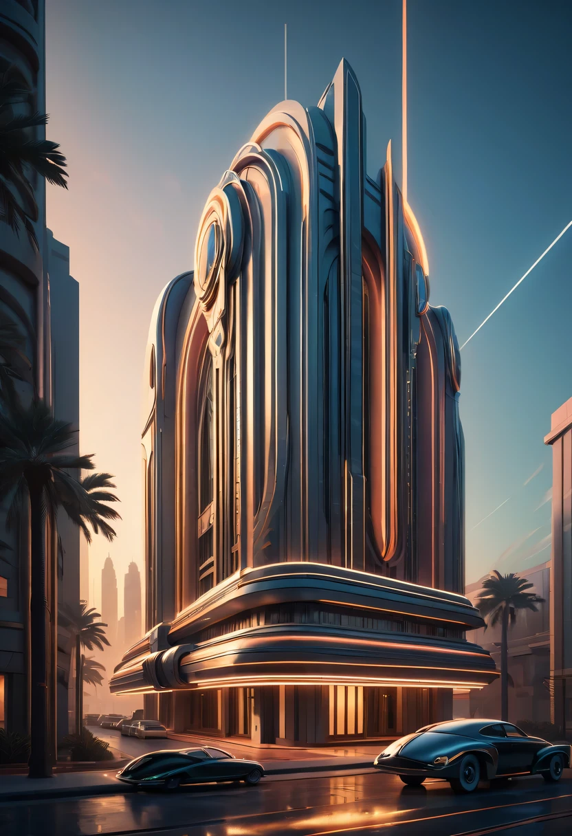 art deco design,urban buildings,streamline moderne,futuristic architecture, Abstraction,modern style,Luxury and Luxury,Futuristic decorative elements,Metallic,number line,sci-fi lamp,Virtual Engine,Unreal rendering