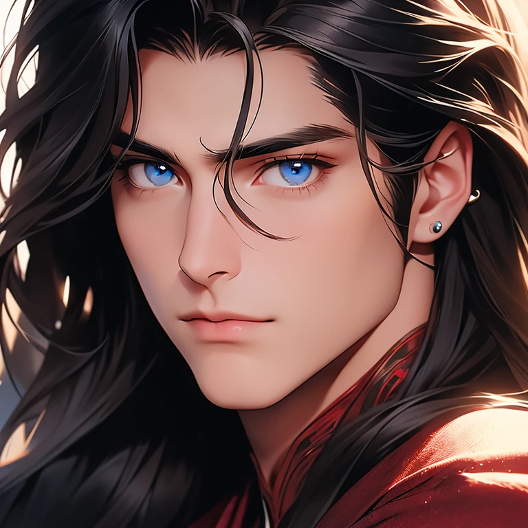 a close up of a man with long hair and blue eyes, handsome stunning realistic, handsome male, attractive male, wonderful dark hair, beautiful male face, long dark hairs, beautiful young man, with long hair and piercing eyes, shoulder-length black hair, young with long hair, handsome face, perfect handsome face, handsome attractive face, with long dark hair