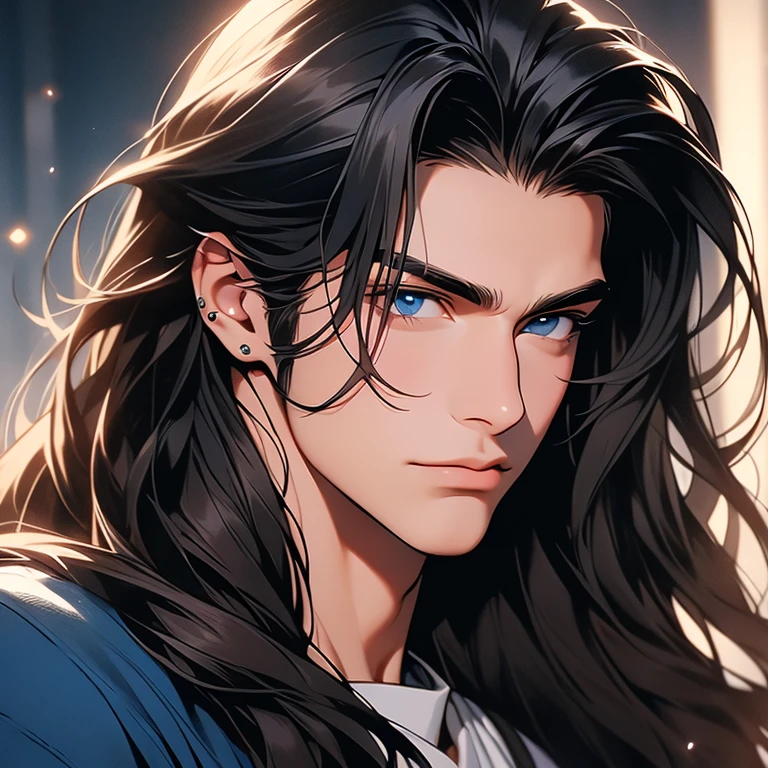 a close up of a man with long hair and blue eyes, handsome stunning realistic, handsome male, attractive male, wonderful dark hair, beautiful male face, long dark hairs, beautiful young man, with long hair and piercing eyes, shoulder-length black hair, young with long hair, handsome face, perfect handsome face, handsome attractive face, with long dark hair